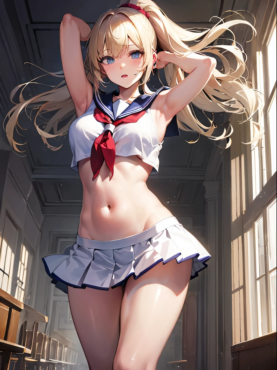 top-quality、realistic touch,high-detail、photoRealstic、thin-waist、captive beauty、big eye、solid platinum-blonde eyelashes、platinum-blonde、full body Esbian、Sparkling eyes, cheeks flushed、thin-waist、In the classroom of  the school、She is in estrus、a sailor suit、cocky expression、Super short skirt with V-line visible、Sleeveless、Navel look、small tits、Ponytail hair style、a sailor suit that is extremely short in length、Colossal tits、big butts、Angle from below、Big breasts visible between uniform and stomach、sexy  pose、see-through garments、Embarrassed look