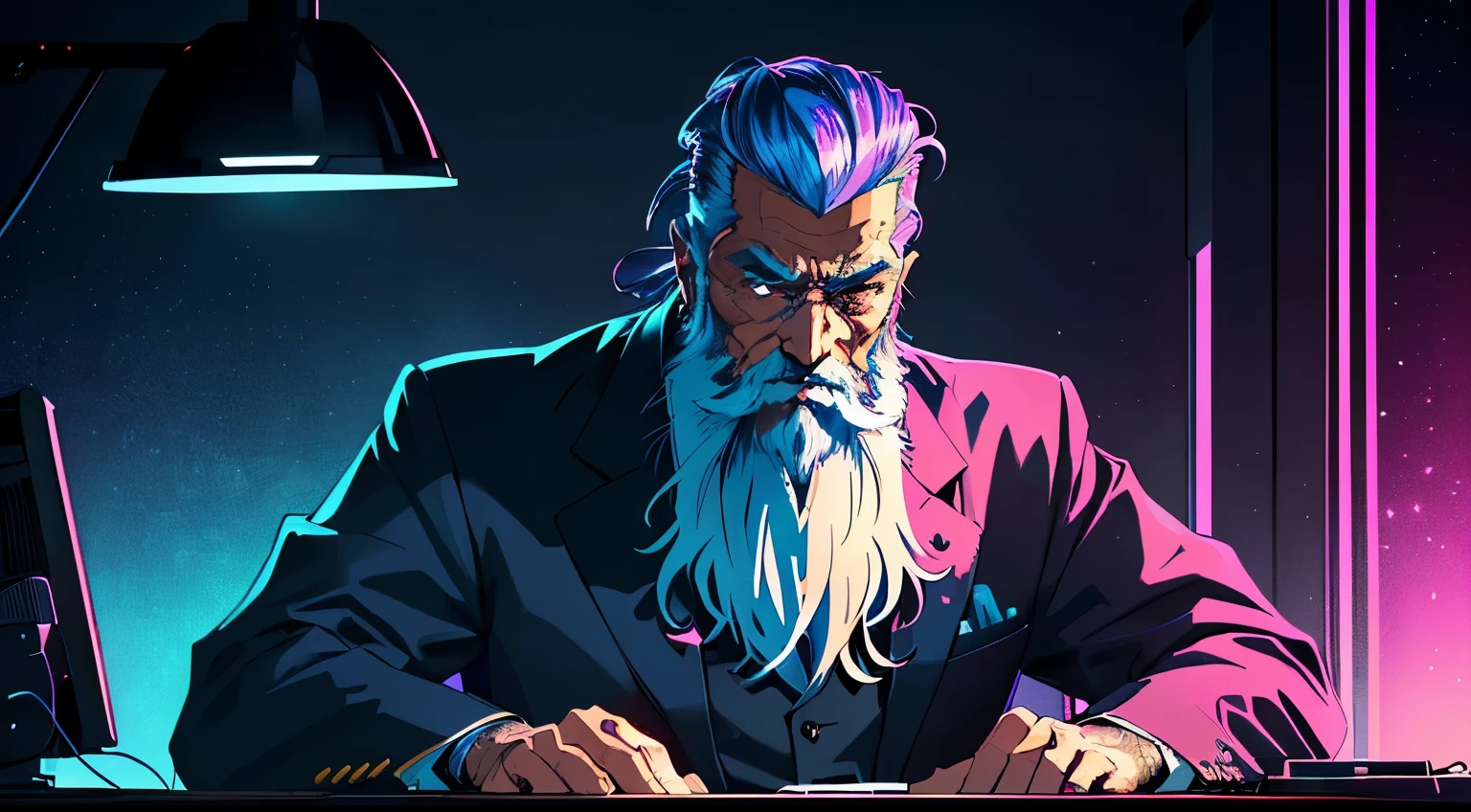 a elegant old man with a beard, sitting in a desk looking straight into the camera, midium shot, cyberpunk art, funk art, stunning gradient colors, stylized portrait h 704, pompadour, twitch streamer, cold colors. insanely detailed, t-800, no watermark signature, in rich color, outrun