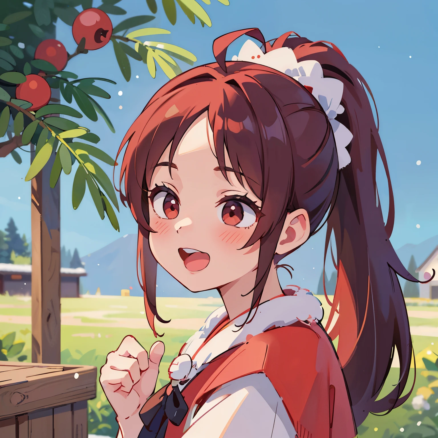 18 years old girls, Wearing Santa Claus costume,With a ponytail、ahoge、Big, round red eyes、微微一laughingly、laughingly、small tit、Every detail of realistic painting, Christmas outdoor activitiequisite detailing、facial closeups