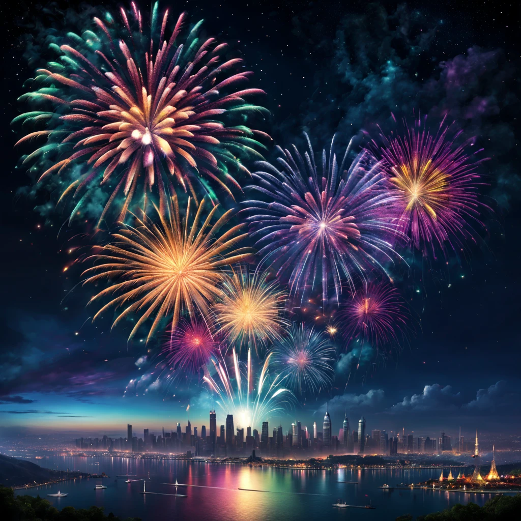 (best quality,4k,highres),(vivid colors),(realistic:1.37) Night sky filled with shimmering stars, dazzling fireworks illuminating the vast expanse. A breathtaking display of colors and lights fills the air, as the new year celebration unfolds. The glittering bursts of fireworks paint the night sky with vibrant hues, creating a magical atmosphere. The surrounding landscapes and cityscapes serve as the backdrop, enhancing the enchanting ambiance. The night sky is adorned with various shapes and patterns formed by the soaring fireworks. With every explosion, the sky transforms into a canvas of mesmerizing art. The combination of vibrant colors, sparkling stars, and the allure of celebration evokes a sense of wonder and excitement. The scene captures the joy and anticipation of a new beginning, as people come together to embrace the beauty of the night sky and the potential that lies ahead.