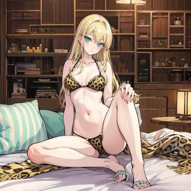 Blonde hair, mint eyes, sexy, large breasts, a leopard print underwear, a leopard print lingerie, a hotel bedroom