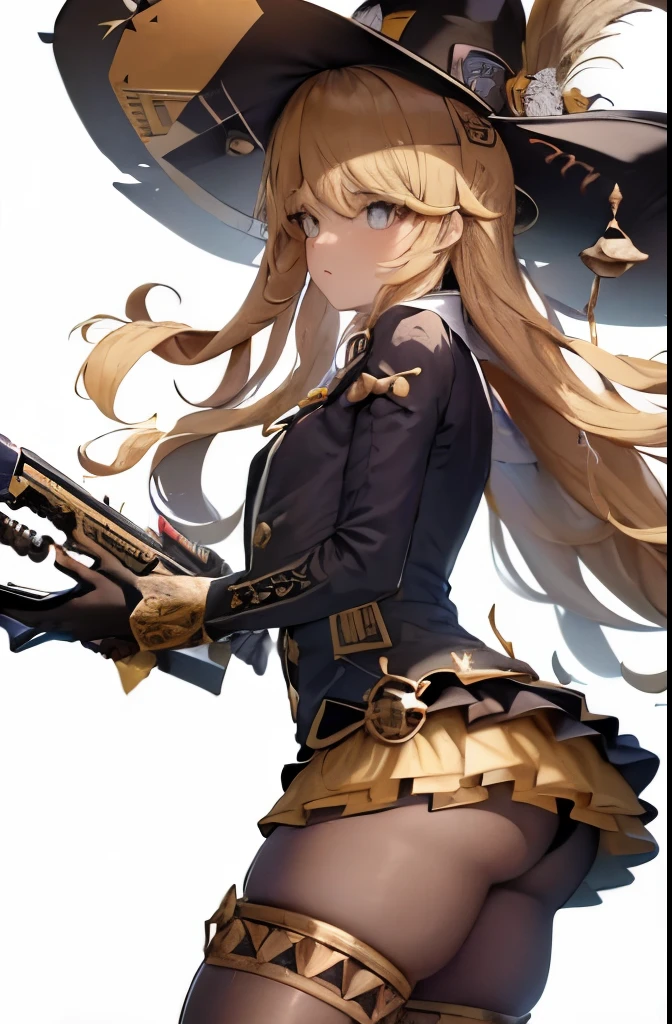 Obra maestra, La mejor calidad, Altas Resoluciones, 1 chica navia, sombreros negros sombrero sombrero de flores pluma muslos negros guantes negros botas, with a black and gold double barrel shotgun in one of his hands