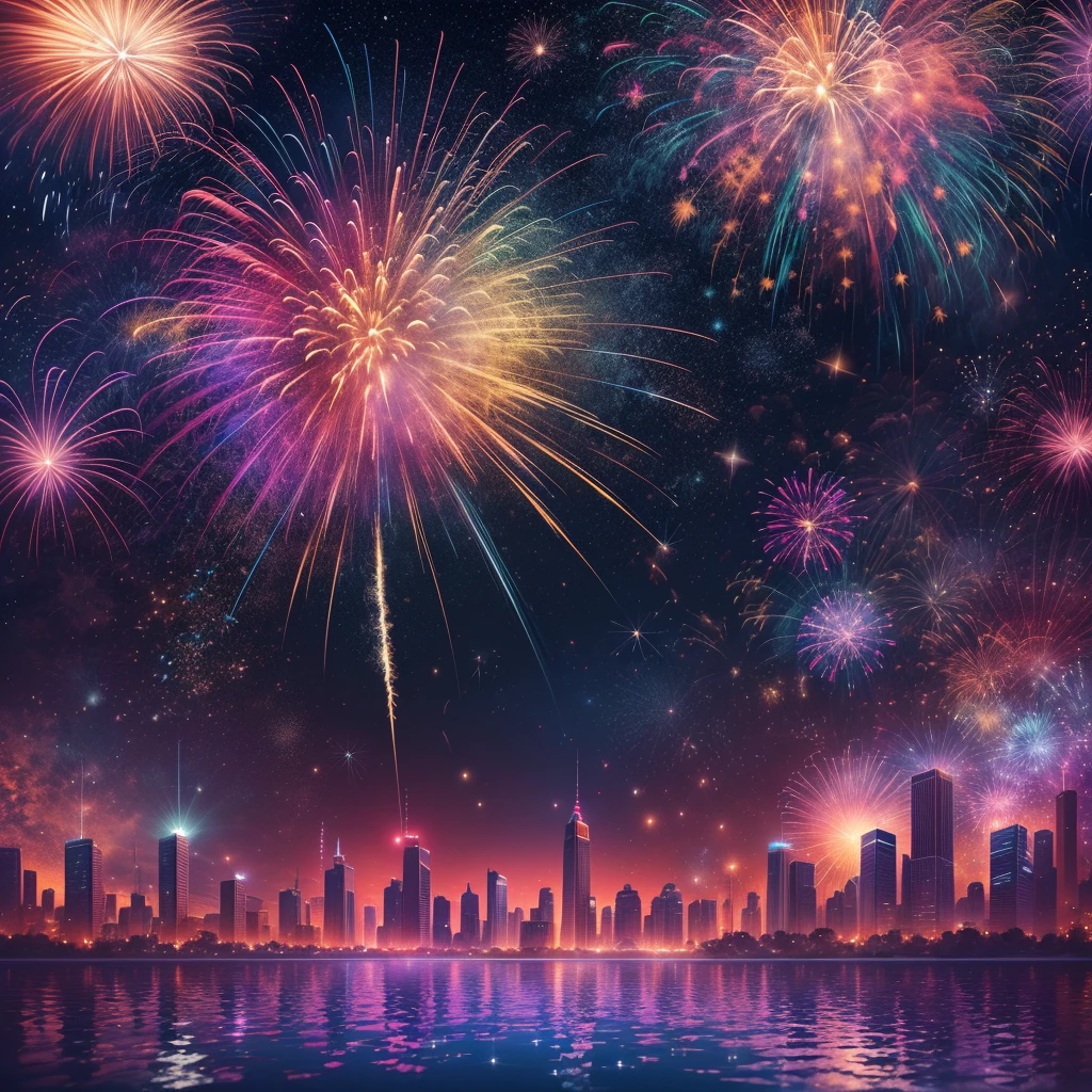 (best quality,4k,highres),(vivid colors),(realistic:1.37) Night sky filled with shimmering stars, dazzling fireworks illuminating the vast expanse. A breathtaking display of colors and lights fills the air, as the new year celebration unfolds. The glittering bursts of fireworks paint the night sky with vibrant hues, creating a magical atmosphere. The surrounding landscapes and cityscapes serve as the backdrop, enhancing the enchanting ambiance. The night sky is adorned with various shapes and patterns formed by the soaring fireworks. With every explosion, the sky transforms into a canvas of mesmerizing art. The combination of vibrant colors, sparkling stars, and the allure of celebration evokes a sense of wonder and excitement. The scene captures the joy and anticipation of a new beginning, as people come together to embrace the beauty of the night sky and the potential that lies ahead.