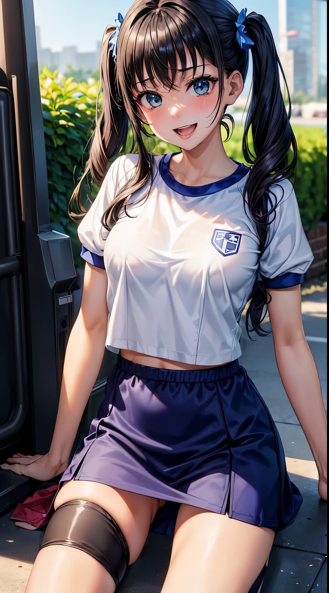 1womanl,Black hair,14years ,(()),Beautiful breasts,(((Sexy white and blue shiny gym clothes and micro skirt)))(())(((Blushing cheeks、Smile with open mouth)),(((Satin Narico))),((( portlate))),Crowds,Shiny white and blue gym clothes and microskirt,wet with sweat