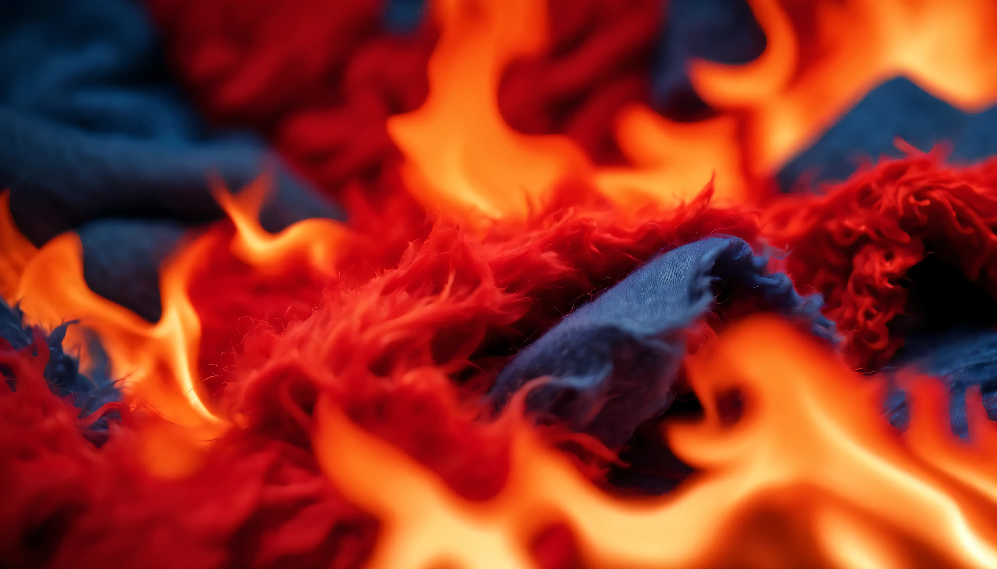best material,A high resolution,The fire was fierce,Ultra close up of red pile of plush fabric fibers,In the foreground is a piece of blue denim,Vivid red and orange,Oncoming flames,Deep holes,A majestic