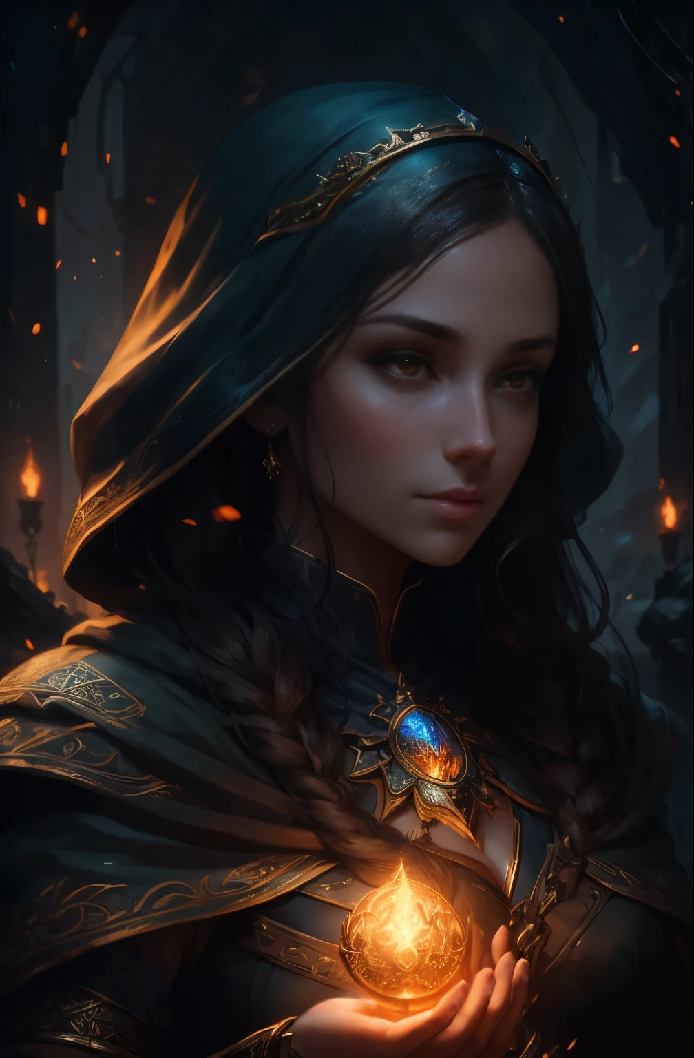 hour of dawn, dawn of the world, Close-up of a woman holding a glowing object in her hand, Character portrait by WLOP, Artstation contest winner, Fantasy Art, fantasy concept art portrait, portrait of a female mage, epic fantasy digital art style, wojtek fus, epic Fantasy Art portrait, Alexandra Fomina Artstation, epic exquisite character art, detailed matte fantasy portrait, fanart best artstation, Best Quality, Perfect Angle, perfect-composition, Best Shots, Official art, ciinematic light, very beautiful and fantastic scenery, chivalry dream, Female Solo