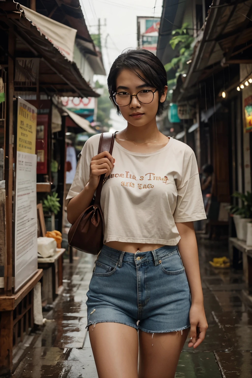 Thai woman, age 20, wears tea-colored glasses, has a pretty face, short hair, dark eyebrows. Southern people wearing shirts and short jeans, holding umbrellas, it is raining.