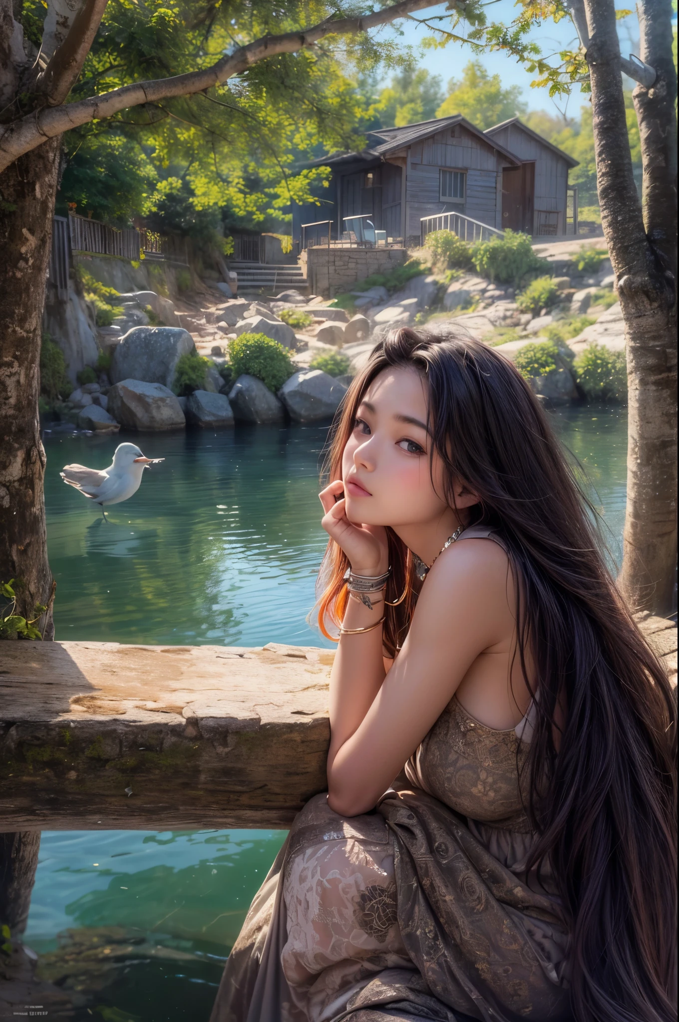 solo, woman, relax vibe, relaxed expression, woman sunbathing, detailed beautiful face and eyes, outdoor outfit, lake, mont, Watermill, The tree, birdie, cat, black hair, long hair, floating hair, shiny hair, jewelry, light smile, Conceptual art, cinematic lighting, jpeg artifacts, Eye-Level Shot, drop shadow, depth of field, hyperrealism, masterpiece, retina, ccurate, best quality, highres, 4K, super detail