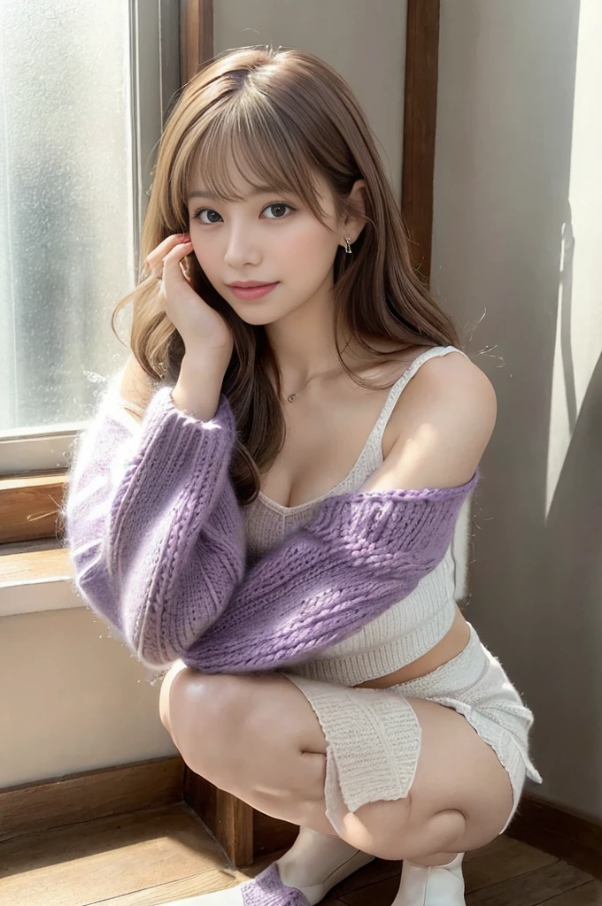 (masterpiece、8K、top-quality:1.4)、20yr old、femele、Natural makeup、(Daytime :1.5)、(She's by the window:1.3)、(Bright light coming in from the window:1.4)、(A bright light shines on her1.4)、(The background of the room is white:1.5)、(Detailed and realistic light and shadow:1.5)、(Me wearing a light purple mohair knit.:1.6)、(Wearing a white miniskirt:1.5)、(Squatting:1.5)、(Take a sexy pose:1.5)、(Light ash brown hair color:1.4)、Loose curly hair、Detailed skin、A detailed face、detailed hairs、A detailed eye、You can see cleavage、Looking at the camera、(Professional Writing:1.4)、The cutest face、Sharp jawline、(smil:1.4)、The legs are very beautiful、(Full body portrait:1.4)、(Angle from top:1.4)、(Move your hands:1.4)、(The leg line is very beautiful:1.4)