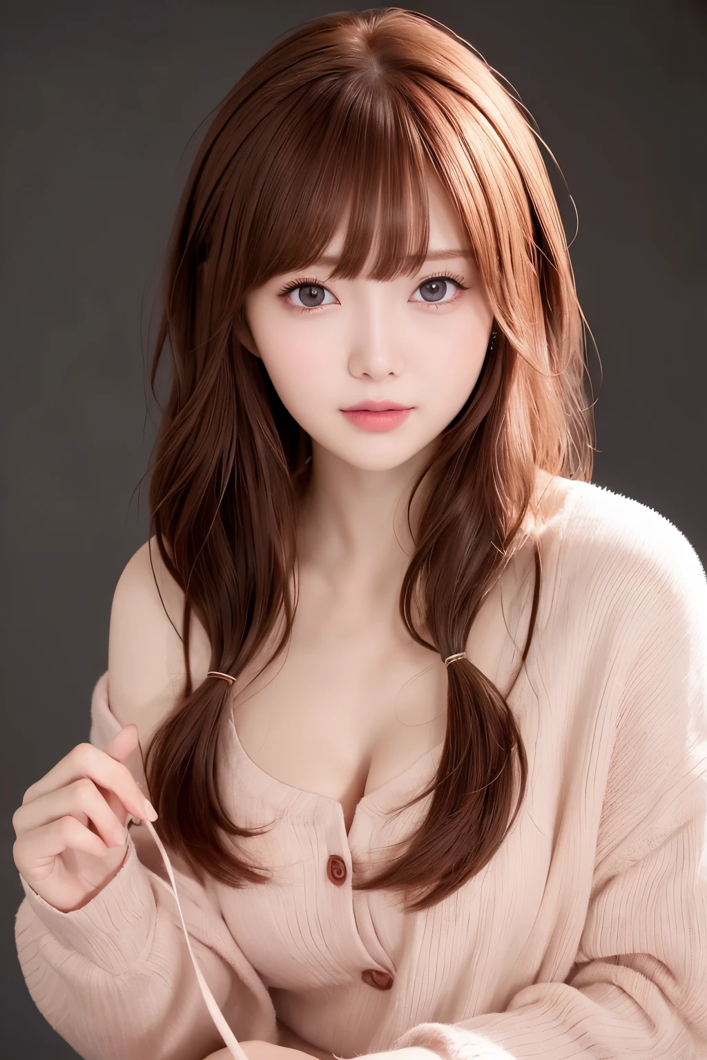 1girl, star eye, blush, perfect illumination, red hair, red eyes, unreal engine, sidelighting, detailed face, bangs, bright skin, simple background, dark background,