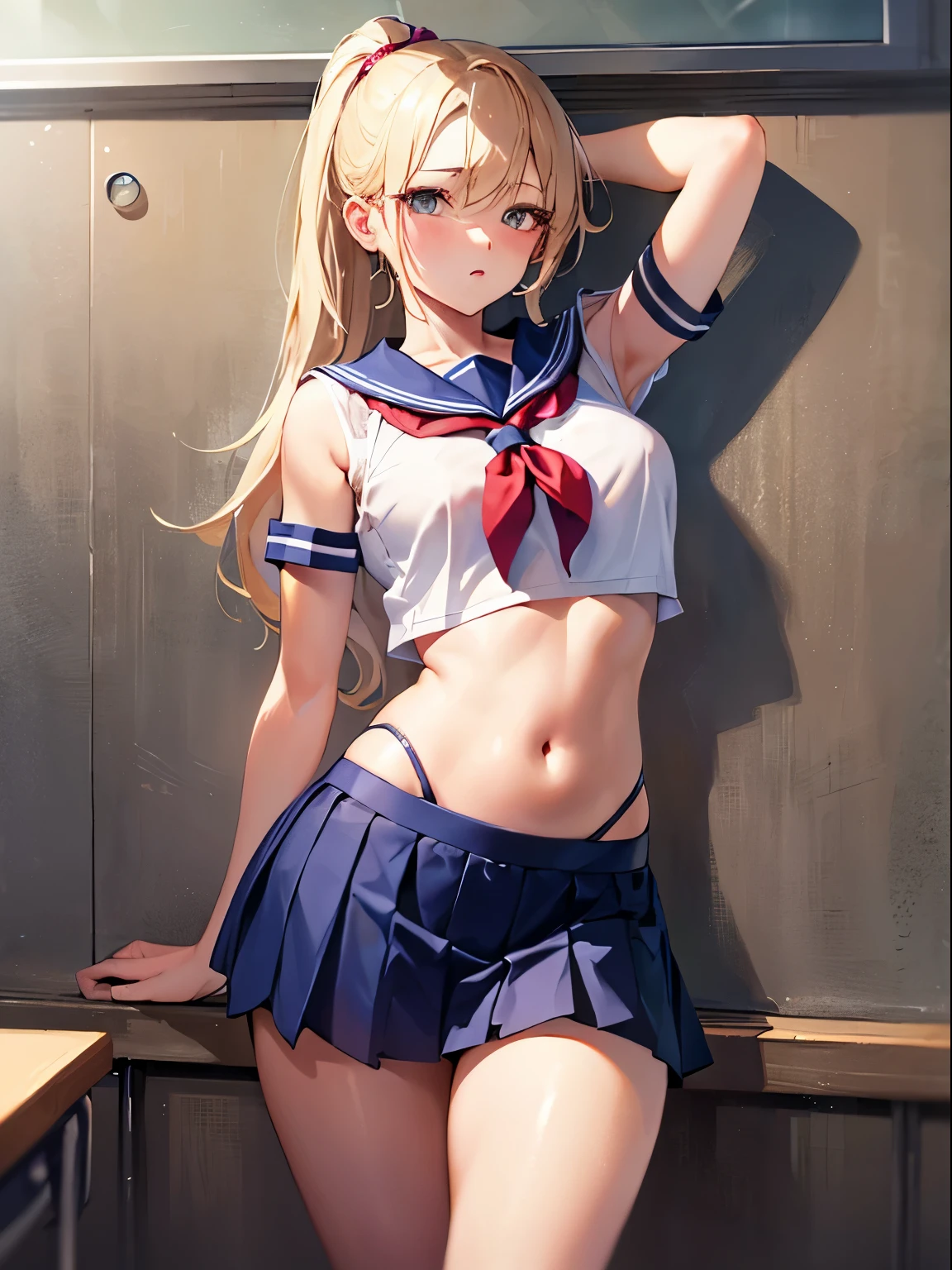 top-quality、realistic touch,high-detail、photoRealstic、thin-waist、captive beauty、big eye、solid platinum-blonde eyelashes、platinum-blonde、full body Esbian、Sparkling eyes, cheeks flushed、thin-waist、In the classroom of the school、She is in estrus、a sailor suit、cocky expression、Super short skirt with V-line visible、Sleeveless、Navel look、small tits、Ponytail hair style、a sailor suit that is extremely short in length、Colossal tits、big butts、Angle from below、Big breasts visible between uniform and stomach、sexy pose、Clothes that are thin and see-through、Embarrassed look