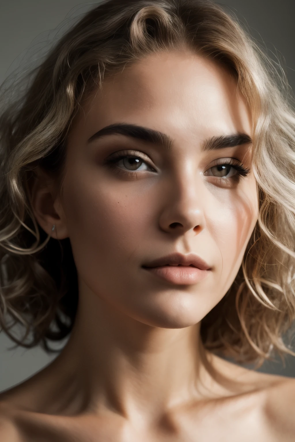 seductive woman with formed jawline with Metalic silver coloured curly hair portait photo with great detail