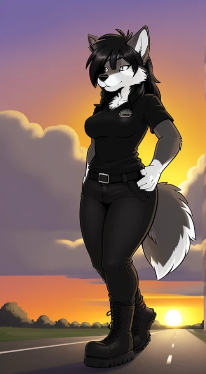 by Rick Griffin, Rick Griffin, (((anthro wolf, woman, antrum, extremely detailed, extremely detailed legs, extremely detailed arms, extremely detailed face, perfectly detailed eyes, perfectly detailed anatomy))): 1.2, solo, ((1woman)), perspective, curved thighs, large thighs, curvature, (tail), driving car, sunset, standing, nervous, ((medium breasts)), ((long shaggy black hair)), ((toned)), ((fluffy fur)) ((black BDU shirt)), ((black BDU pants)), ((combat boots)), ((grey fur)),