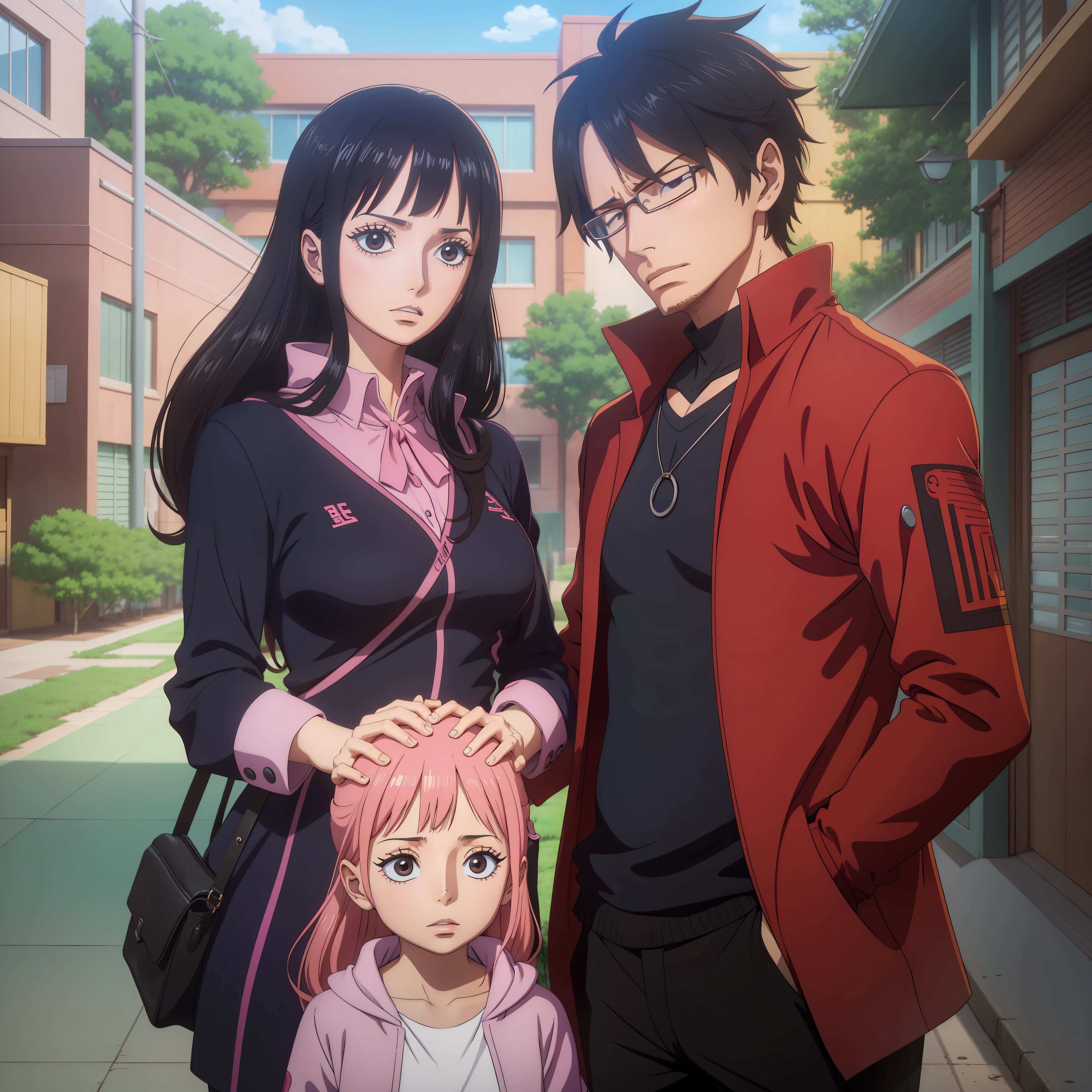 Man and woman, 35 and 40 years old, talking with their children, in front of a school, anime style, 2D, realistic