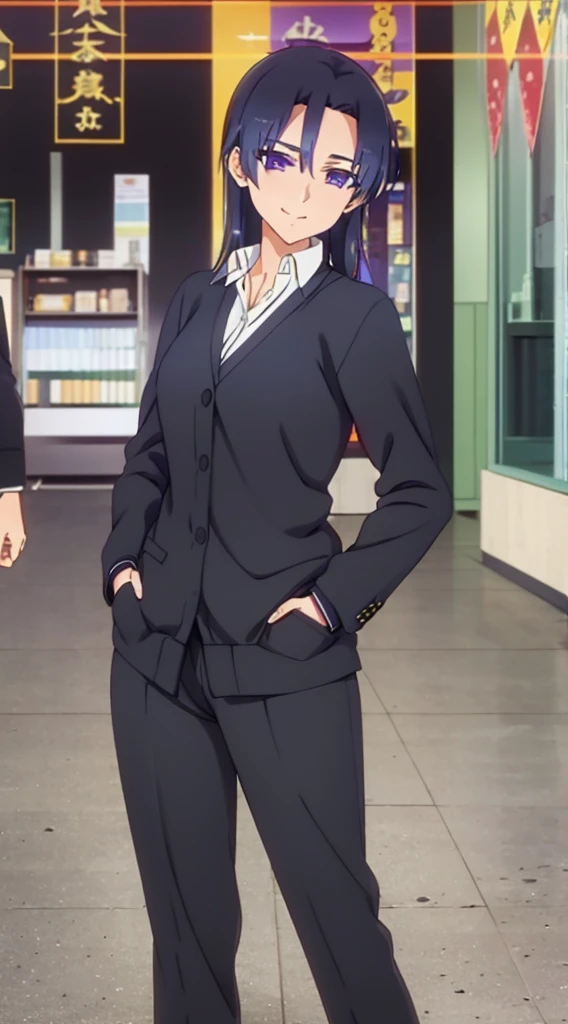 kamiya of shikimori-san ia not just cute, blazer, black sweater, perfect face, (ultra high quality), detailed, 8k,masterpiece, looking viewers, small breast, purple eyes, 1 girl, sharp eyes, pride smile, hands in pockets