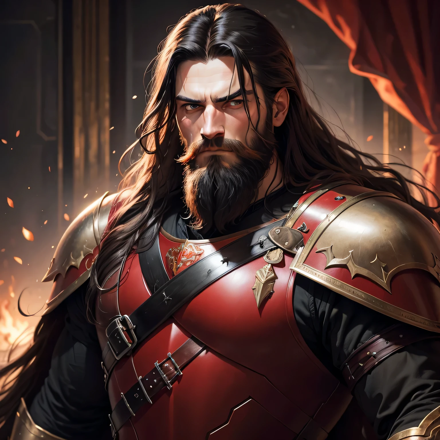 (best quality, Altas),circunstanciado, medium:oil painting, Um homem na casa dos 30 anos, long flowing black hair, barba bem cuidada, armadura completamente vermelha, olhar intenso, Sharp features, maxilar forte, olhar masculino