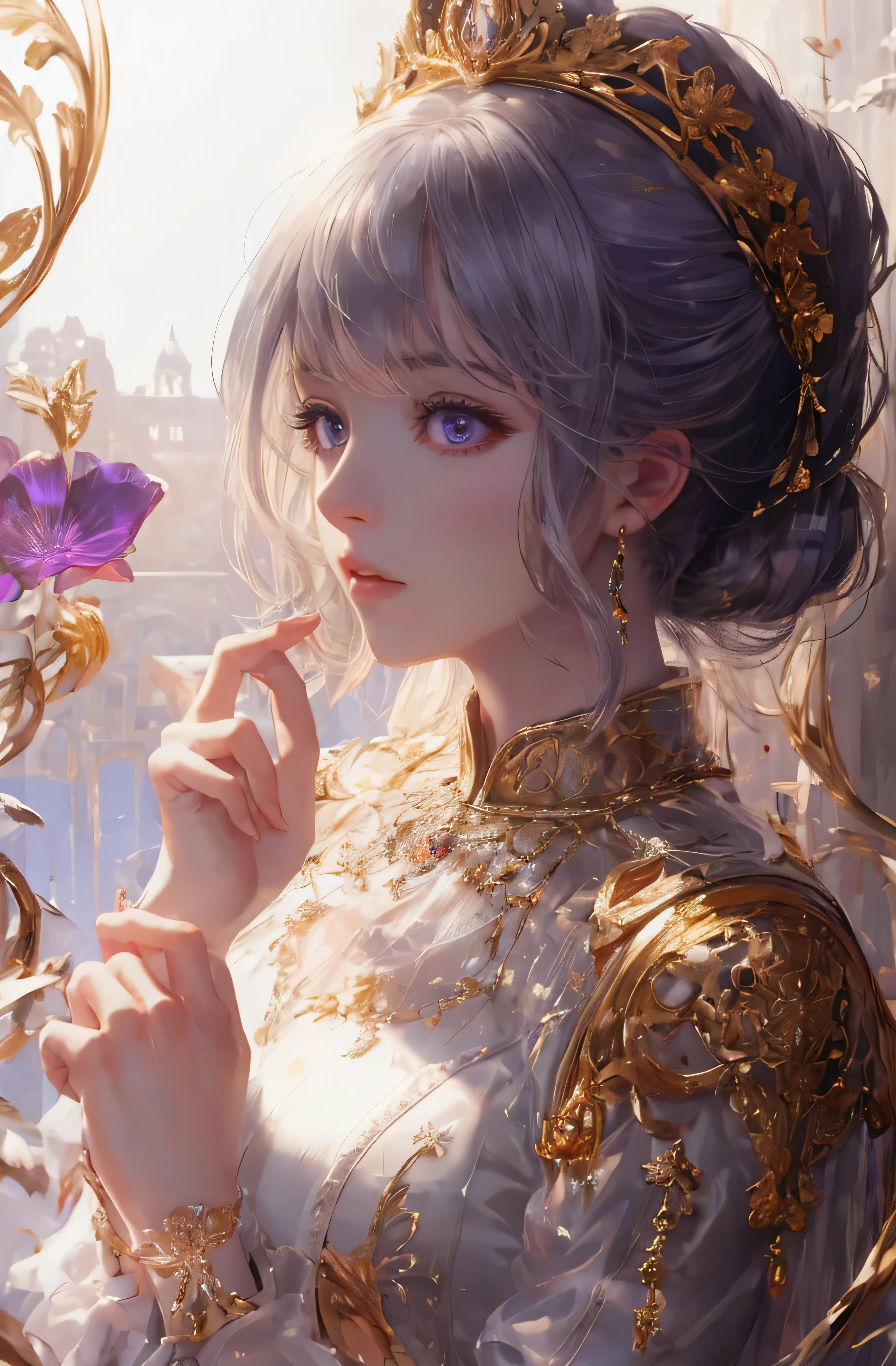 You can see the castle、Looking at the camera、The face is front、profile、8K、realphoto、超A high resolution, Master Parts, Best Quality, nffsw , cinematic images,Lovely girl、ann、16 only、annグロサクソン、二重まぶた、drooing eyes、Very big eyes、Eyes purple、Dark eye shadow、The lips are very thin、The tip of the nose stretches beautifully....................................................、the tip of the nose is small,,,,, ighly detailed , Silver hair、Straight short hair、ssmile、 Sweet look 、a very beautiful woman、legs are long、 Very clear shadows , jewely , A sexy , A detailed eye, very intricate, shiny skins , パーフェクトブリリannト, Perfect Lighting, Dramatic shadows、White tiara on head、Gold necklace around the neck、White aristocratic dress with gold embroidery、