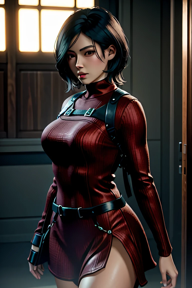 1girl, cowboy shot of beautiful ada, looking at viewer, red dress, black hair, blush, short hair, athletic night, volumetric lighting, best quality, masterpiece, intricate details, tone mapping, sharp focus, hyper-detailed, trending on Artstation, ada, realistic