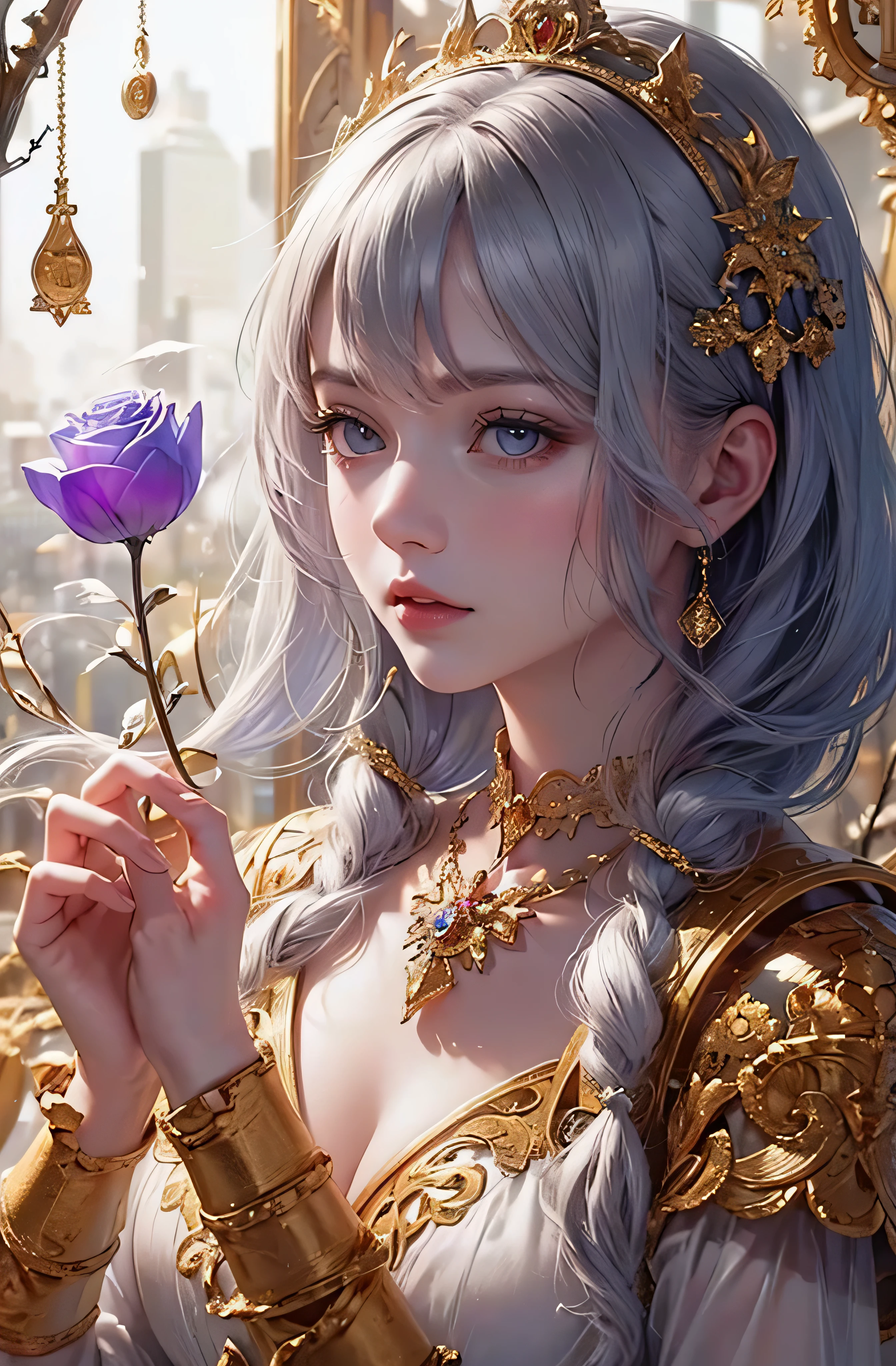 You can see the castle、Looking at the camera、The face is front、profile、8K、realphoto、超A high resolution, Master Parts, Best Quality, nffsw , cinematic images,Lovely girl、ann、16 only、annグロサクソン、二重まぶた、drooing eyes、Very big eyes、Eyes purple、Dark eye shadow、The lips are very thin、The tip of the nose stretches beautifully..........................................、the tip of the nose is small,,,,, ighly detailed , Silver hair、Straight short hair、ssmile、 Sweet look 、a very beautiful woman、legs are long、 Very clear shadows , jewely , A sexy , A detailed eye, very intricate, shiny skins , パーフェクトブリリannト, Perfect Lighting, Dramatic shadows、White tiara on head、Gold necklace around the neck、White aristocratic dress with gold embroidery、