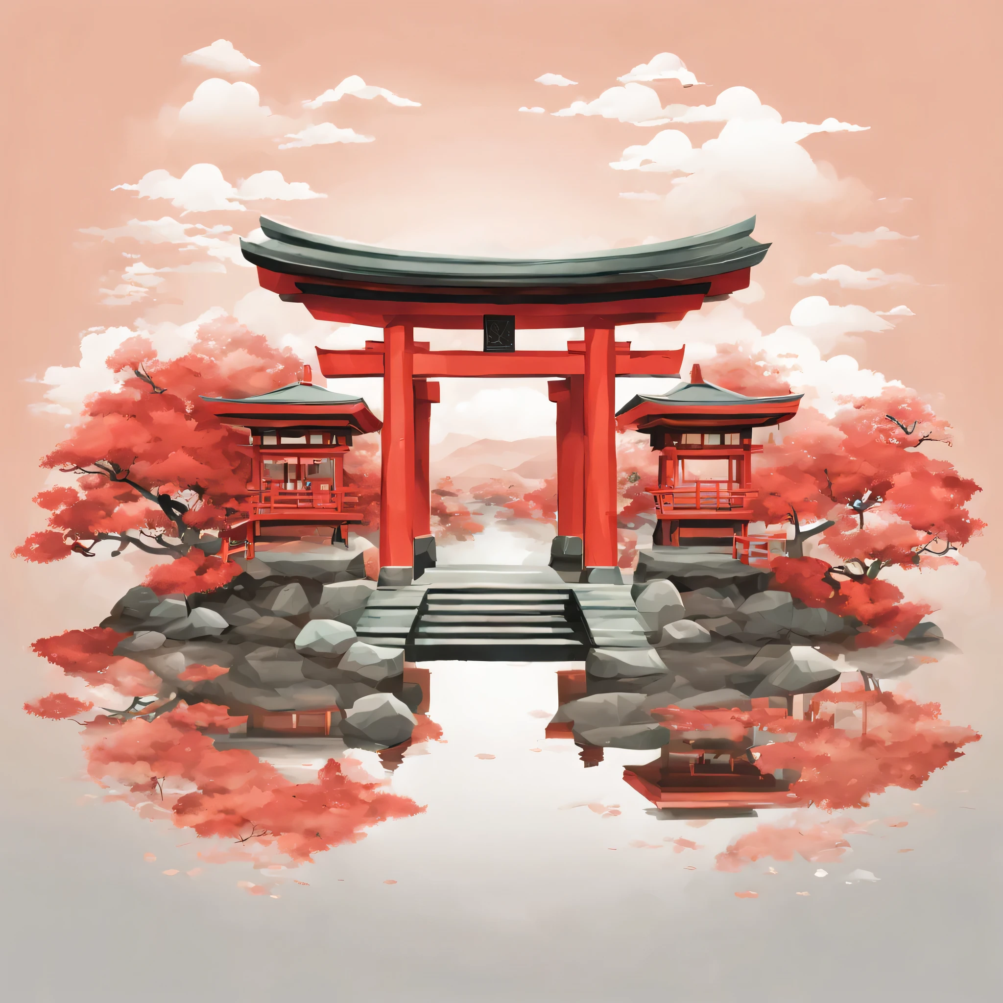 artwork of t-shirt graphic design, flat design of vintage japanese, Torii Gate, Japan Temple, pastel shades, highly detailed clean, vector image, photorealistic masterpiece, professional photography, realistic building, red pastel for torii, flat white background, isometric, vibrant vector((white background))