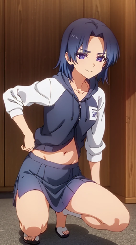 masterpiece, best quality, ultra detailed, illustration, dark blue hair, blue eyes, round glasses:0,8, dark blue bikini:1.0, yellow necktie, short pants:1.1, blush, embarrassed, dramatic shadows, looking at viewer, cinematic lighting, school, desks, hands on hip, furrowed brow, frown, windows, sky, clouds, curtains,