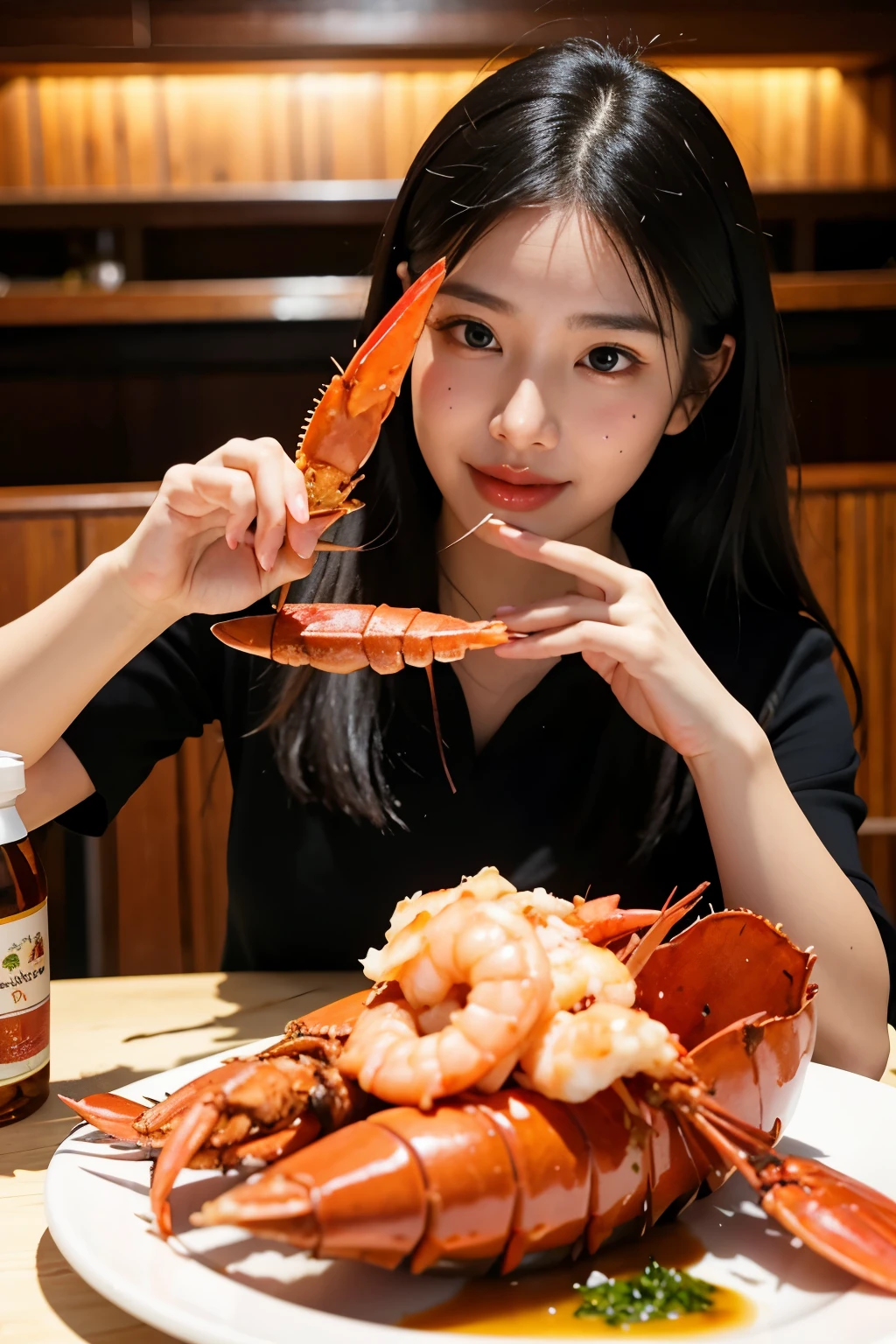 A beautiful woman eats lobster in a restaurant，Both hands are covered with shrimp oil, and both arms are covered with shrimp oil.，I also apply shrimp oil on my face