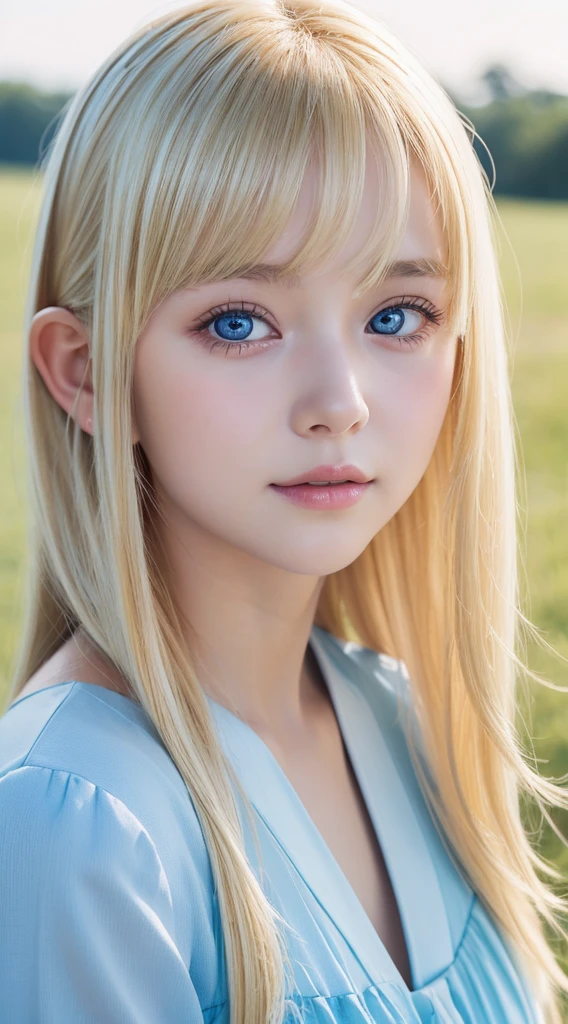 A 14-year-old beautiful girl with shiny bright blonde hair.、kawaii,Adorable, Face Focus , Ruffled Summer Dresses, Nordic bright blonde girl, Super long bright shiny blonde hair、Low contrast, (Smile:0.8), huge tit、 hair scrunchie, Best Quality, 超A high resolution, photographrealistic, ultra-detailliert, 8K, Raw photo, masuter piece、Very beautiful, bright, pale sky blue, and very large eyes.、very big eyes、White shiny skin、cheek gloss highlight、Small Face Beautiful Girl、eye liner、blonde hair above the eyes、片blonde hair above the eyes、bangs between the eyes、