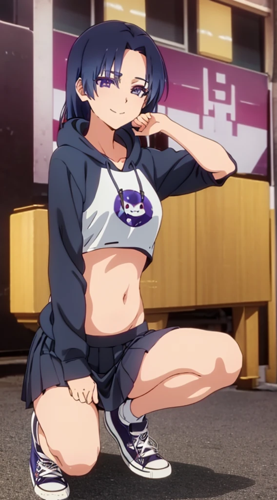 kamiya of shikimori-san is not just cute, crop hoodie, belly, stomach, navel, perfect face, (ultra high quality), detailed, 8k, masterpiece, looking viewers, small ??????, purple eyes, 1 girl, sharp eyes, pride smile, hands in pocket, mini skirt, squatting pose, converse shoes, background graffiti wall, navel piercing, cross piercing in wears