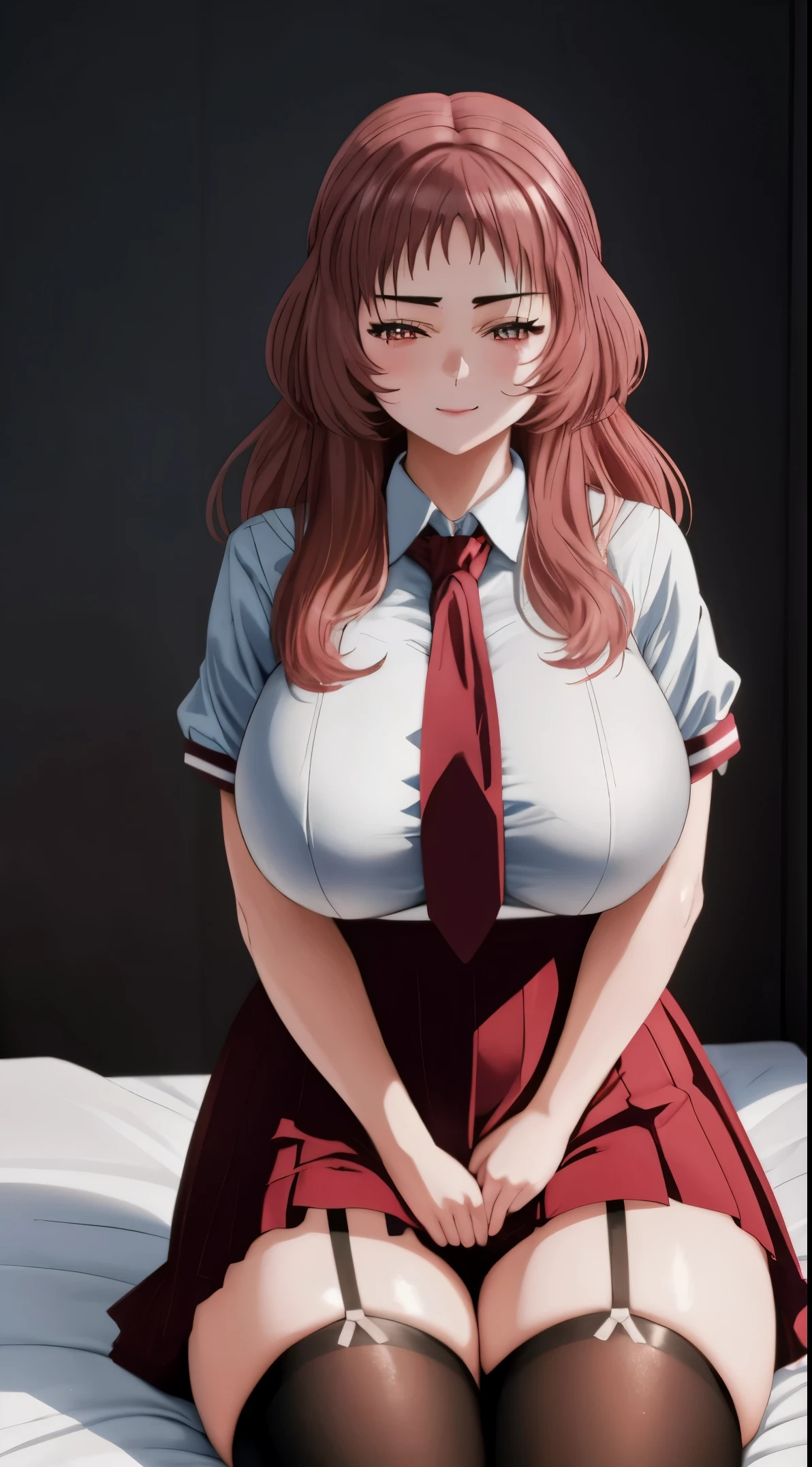 masterpiece, best quality, 1girl, long hair, solo, quiry, necktie, white shirt, short sleeves, short skirt, pantie, garter straps, black thighhighs, v-shaped eyebrows, looking at viewer, arms behind head, seiza, bed, sitting, smirk,thicc, huge breast,thicc, huge breast, thicc, huge breast, ross tran 8 k, Maximum detail of the genitals, Maximum breast detail, Maximum facial detail, realistic eyes, realistic Nose, Realistic smile, Ultra Detail, huge breast, huge_breasts, huge_breasts, huge_breasts, thicc