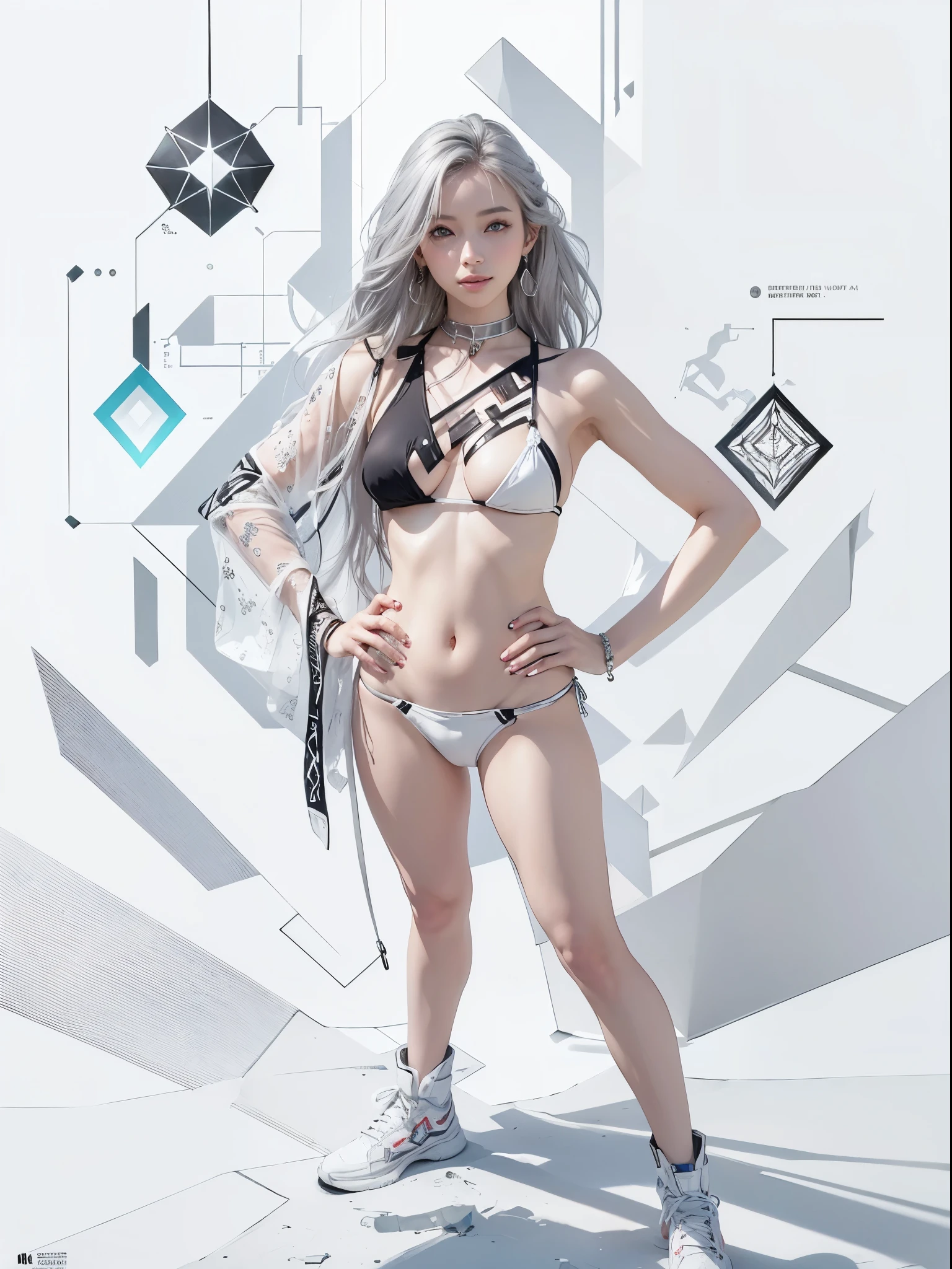 (nsfw:1.2),(Realistic:1.8), (Digital art:0.2), (Geometric art:1.7),(agpi official art, beautiful and aesthetic, ultra detailed, beautiful, masterpiece, best quality:1.6), (1girl:1.2), Detailed face, Detailed eyes, Detailed hair, young fingers, Detailed fingers, five fingers, BREAK cute ig model, Japanese cute model, 22 years old, Tightened all body, small head, small face, small mouth, diamond Face, small nose, Sharp Faceline, (dropy eyes, Double eyelid, Light color eyes, Glossy eyes, Shiny eyes:1.2), Shiny skin, shiny hair, (gray hair:1.2),
_
BREAK (happy, smile, Teeth, Glossy Lip:1.2),beautiful Teeth, (all body:1.5), focus Sneaker,
_
BREAK (geometrical pattern:1.3), (layered black micro-bikini over a white micro-bikini:1.4),(Detailed swimsuit:1.2) (black:1.2, White:0.8),
BREAK (high-tech boots-inspired sneakers:1.2),
BREAK (Simple silver accessories:1.2), (Simple large silver earrings:1.2), (Simple silver bracelet:1.2), (Simple silver anklet:1.2),
BREAK (standing and Hands on Hips:1.3),
BREAK (futuristic white background:1.2),