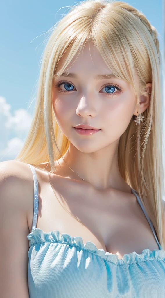 A -yeld beiful girl with shiny bright blonde hair.、kawaii,Adorable, Face Focus , Ruffled Summer Dresses, Nordic bright blonde girl, Super long bright shiny blonde hair、Blonde color that changes from different angles、Low contrast, (Smile:0.8),  huge tit、 hair scrunchie,  Best Quality, 超A high resolution, photographrealistic, ultra-detailliert, 8K, Raw photo, masuter piece、Very beautiful, bright, pale sky blue, and very large eyes.、very big eyes、White shiny skin、cheek gloss highlight、Small Face Beautiful Girl、eye liner、blonde hair above the eyes、片blonde hair above the eyes、bangs between the eyes、