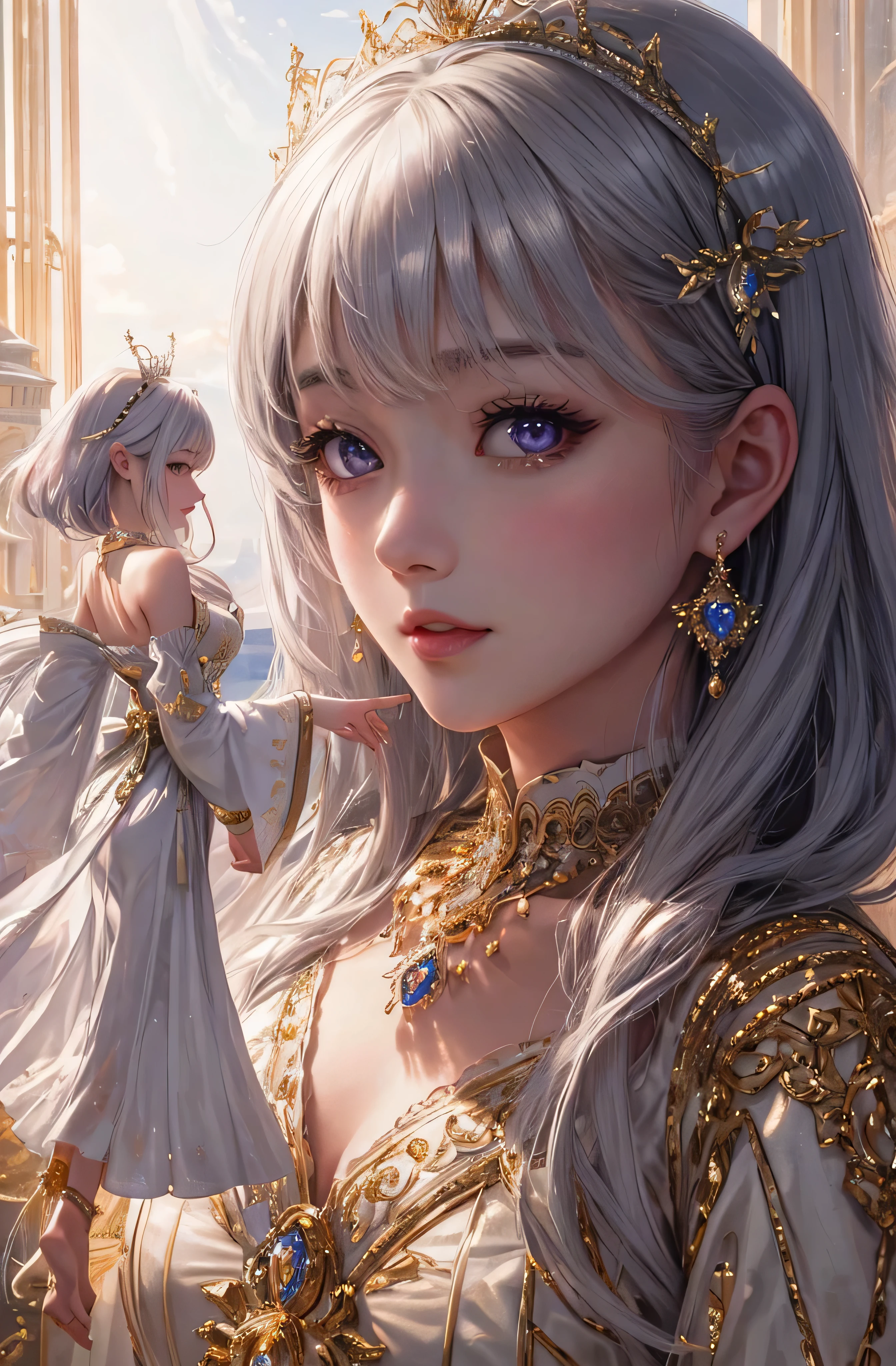 You can see the castle、Looking at the camera、The face is front、profile、8K、realphoto、超A high resolution, Master Parts, Best Quality, nffsw , cinematic images,Lovely girl、ann、16 only、annグロサクソン、二重まぶた、drooing eyes、Very big eyes、Eyes purple、Dark eye shadow、The lips are very thin、The tip of the nose stretches beautifully...............................................、the tip of the nose is small,,,,, ighly detailed , Silver hair、Straight short hair、ssmile、 Sweet look 、a very beautiful woman、legs are long、 Very clear shadows , jewely , A sexy , A detailed eye, very intricate, shiny skins , パーフェクトブリリannト, Perfect Lighting, Dramatic shadows、White tiara on head、Gold necklace around the neck、White aristocratic dress with gold embroidery、