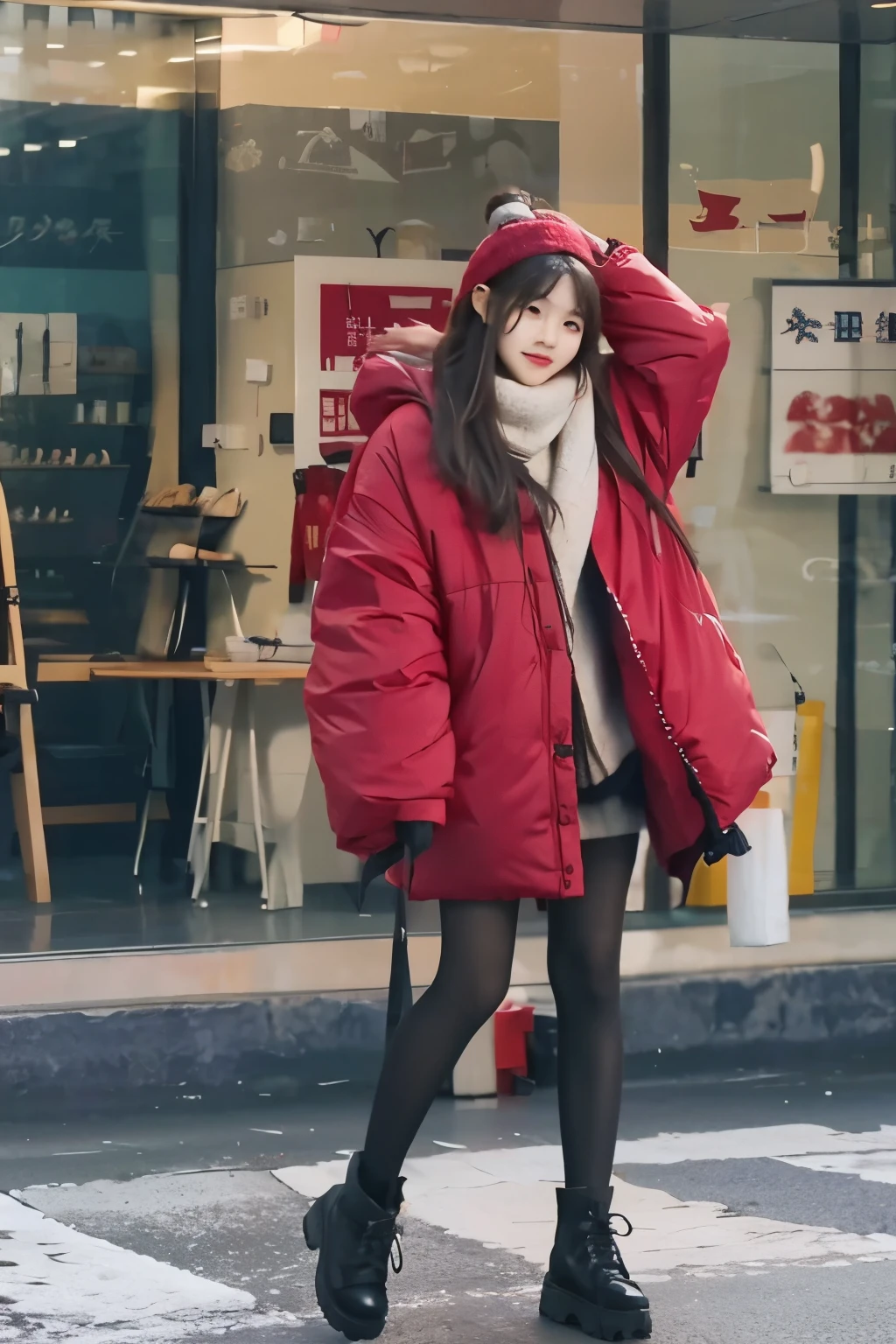 ChineseGirl,18yr old,cute big breasts,Winter clothes,Wear in many colors,Vista full body photo
