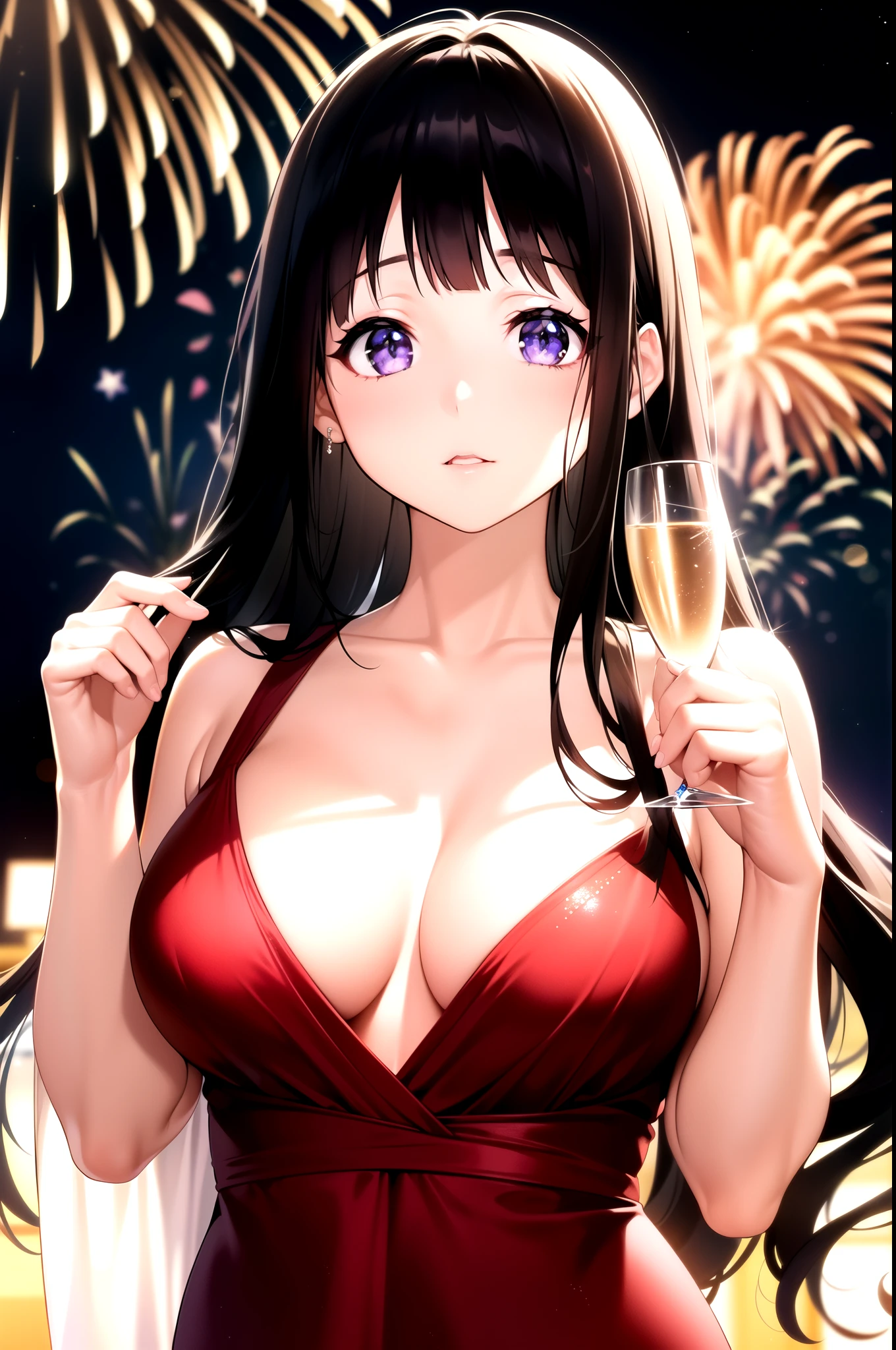 (A superb exquisite Chitanda Eru), (mature face), purple eyes, long black hair, natural straight hair, straight bangs, solo, [Small_breasts: large_breasts: 0.5], normal breasts, ((long red dress, new year party, elegance, swarovski)), extremely delicate, peerless beautiful girl, dreamy quality, exaggerated facial features, solid color, delicate face, bright lips, slender waist, straight curves, soft lights and shadows, super fine, 8K HD, (masterpiece:1.4), (finely detailed beautiful eyes: 1.2)