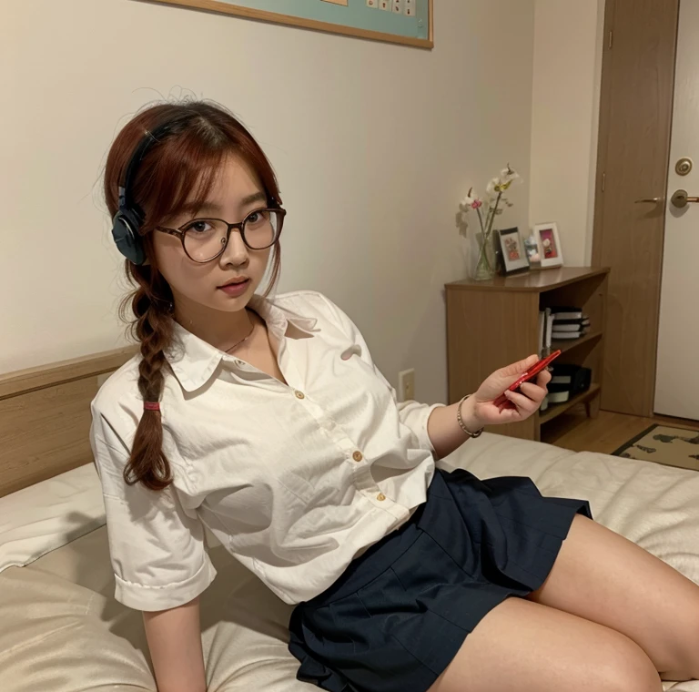 Korean Asian woman wearing glasses and headphones sitting on the bed, with glasses, korean girl, thick glasses, age is 18 years old, 2 , thicc, 21 years old, beautiful asian girl, asian girl, young and cute girl, with glasses on, spectacled, cutecore, big glass, Cat girl is so cute....,japanese school uniform,braid,Red-Haired