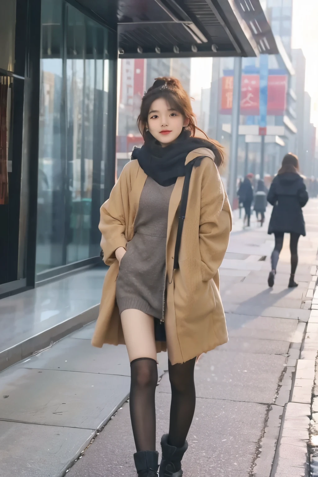 ChineseGirl，18yr old，cute big breasts，Winter clothes，wind coat，fully body photo