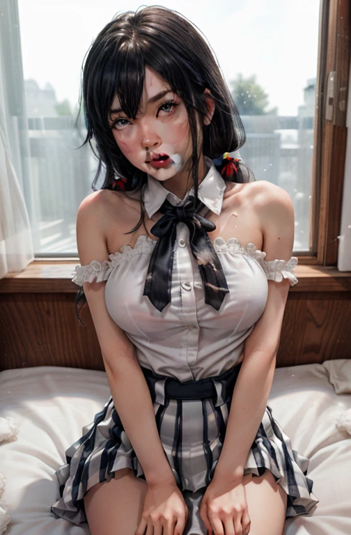 (full figure:1.1), (1 girl as yukino yukinoshita:1.5), highres, solo, big breasts, waist long black hair, (twintails:0.5), (pleated school miniskirt:1.5), (black knee high socks:1.5), (loose red ribbon:1.2), (cotton skirt:1.5), (unbuttoned white shirt:1.4), (ahegao:1.5), green eyes, (rolling eyes:1.5), (torn clothes:1.5), (naked breasts:1.5), legspread