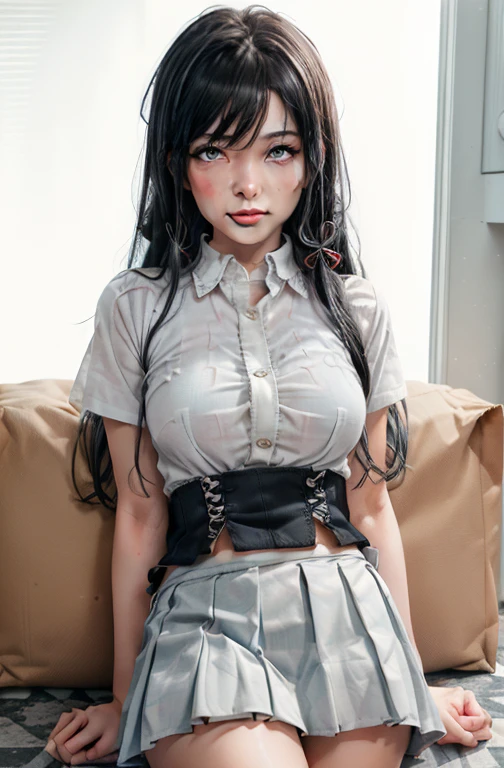 (full figure:1.1), (1 girl as yukino yukinoshita:1.5), highres, solo, big breasts, waist long black hair, (twintails:0.5), (pleated school miniskirt:1.5), (black knee high socks:1.5), (loose red ribbon:1.2), (cotton skirt:1.5), (unbuttoned white shirt:1.4), (ahegao:1.5), green eyes, (rolling eyes:1.5), (torn clothes:1.5), (naked breasts:1.5), legspread