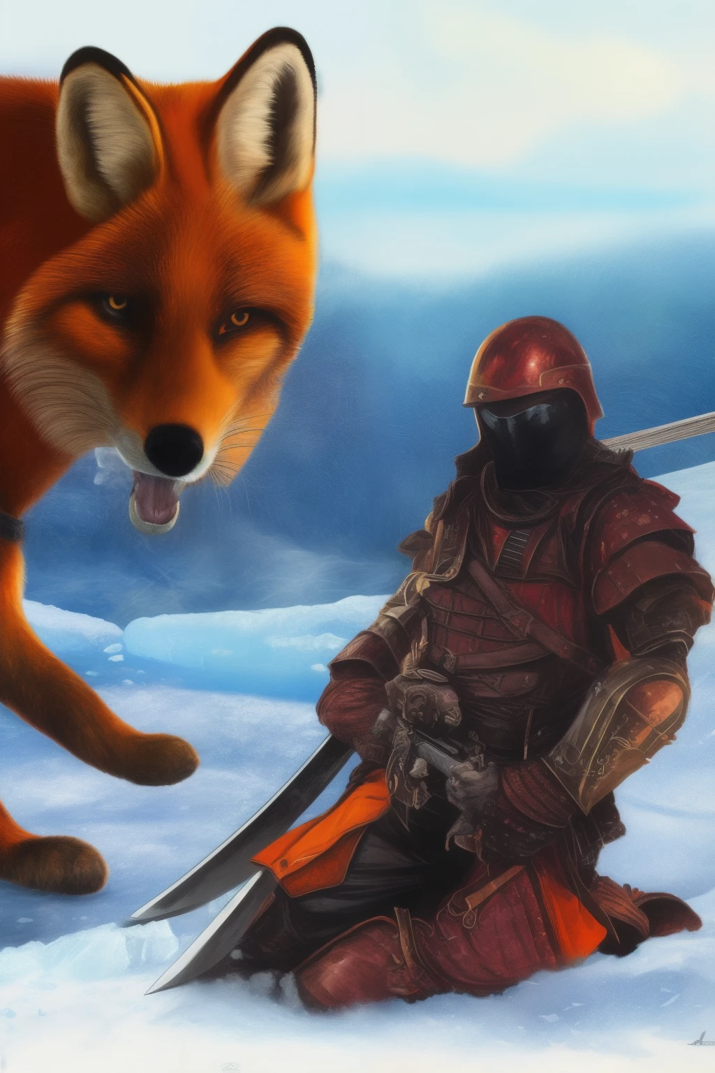 Dark fantasy art style illustration of a armored man with sword kneeling on a icy terrain with a maroon colored fox by his side