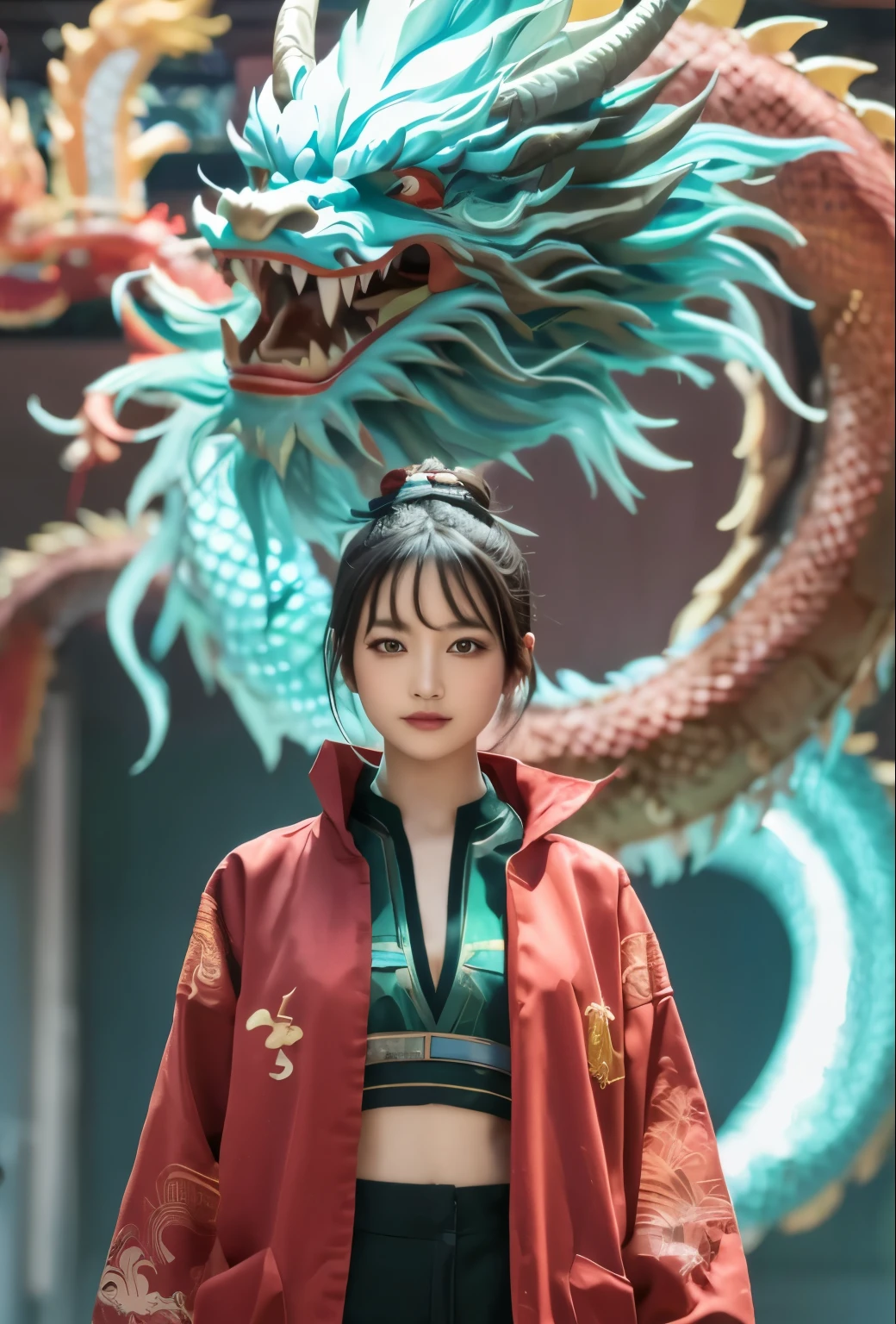 A cute Chinese girl,Standing next to the Chinese dragon,Red Chinese traditional costume,Double ball hairstyle,Dragon in the background, rainbowing,a hologram,masterpiece,UHD, 8K, ultraclear,