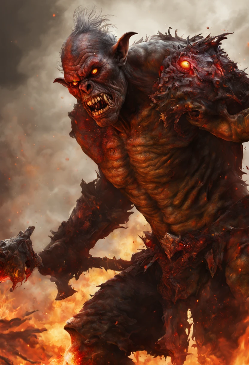 A vicious Orc Standing among a burning battlefield. Covered in blood and swaet. Holding the head of a human enemy., Wartorn, Heavily scarred, crazy eyes, mismatched pupils, mismatched sclera, devil eyes, Action painting, Hyperrealism, Realism, Expressionism, high detail, ray tracing, Fujicolor, cinematic lighting, glowing light, high details, award winning, high quality, super detail, anatomically correct, masterpiece, highres, textured skin