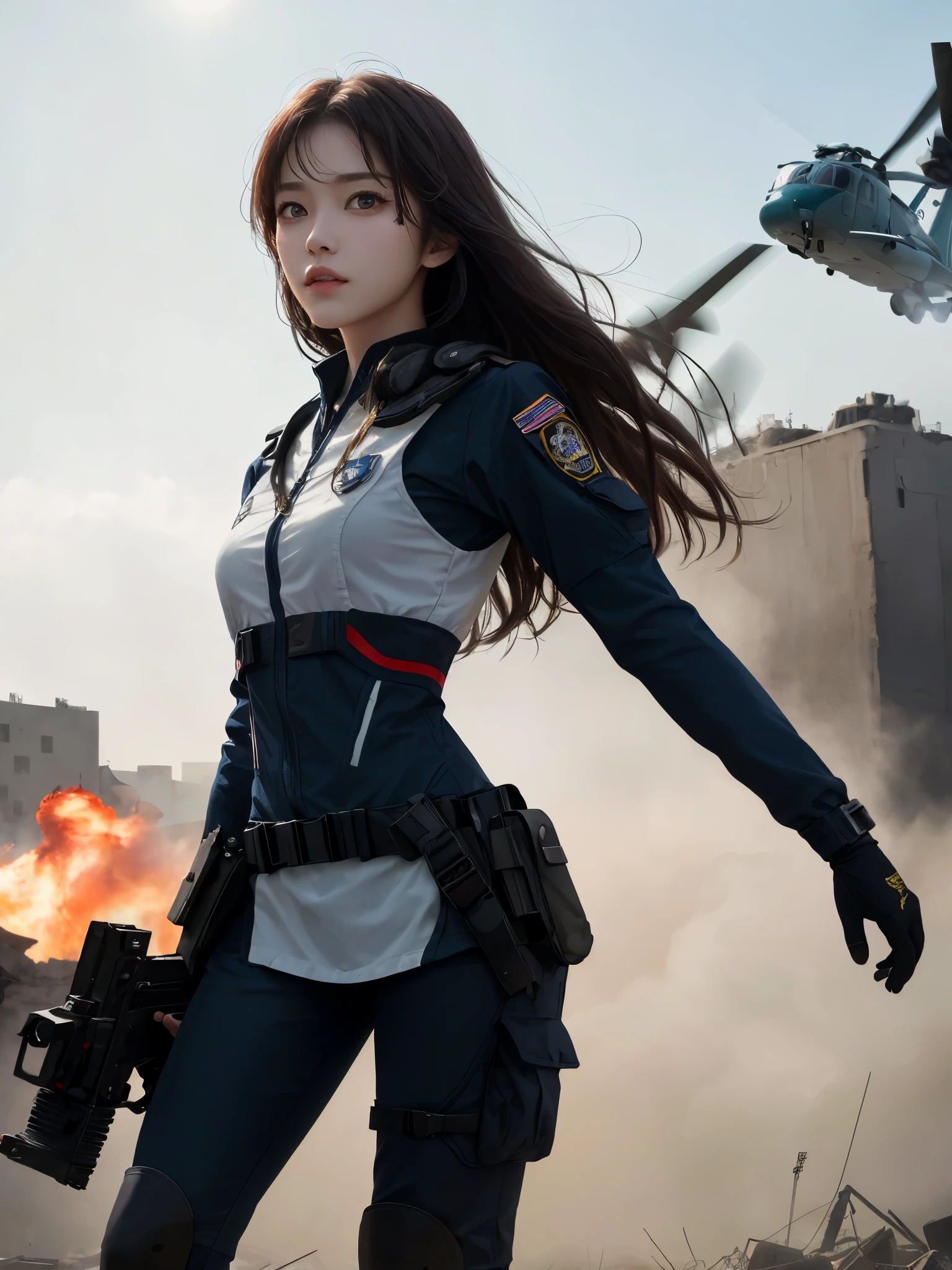(1girl in:1.3), Solo, (((Very detailed face)))), ((Very detailed eyes and face)))), Beautiful detail eyes, Body parts__, Official art, Unified 8K Wallpaper, Beautiful and beautiful, Beautiful, masutepiece, Best Quality, Original, masutepiece, Super Fine Photo, Best Quality, 超A high resolution, Realistic realism, Sunlight, Full body portrait, Amazing beauty, Dynamic Pose, Delicate face, (Bright eyes from the front), She wears a combat suit, black with one -point red color scheme, women military uniform, Very detailed abandoned warehouse background, Detailed face, Detailed complex busy background, Messy, Gorgeous, Milky White, highly detailed skin, Realistic skin details, Visible Pore, Clear focus, Volumetric fog, 8K UHD, High quality, Film grain, Fair skin, photorealisim, Lomography, futuristic dystopian giant metropolis, Explosion smoke,emergency siren,In battle with the enemy,tense look,tense situation,Combat helicopter,Well-formed beautiful face,Oriental,Korea person,Super beautiful girl in her 10s,A girl full of spirit,Rushing through danger as a rescue worker,strong-willed woman,Strong Woman,former mercenary,fighting professional,Duties: Relief activity team leader,Clearing blue sky,A precious girl who defends the holy war with a pure heart.,Transport the minimum necessary medical equipment,Angle photo from below,Rin, the symbol of battle々Shishi Face,kawaii faces,CLC Yujin,ive Yujin,