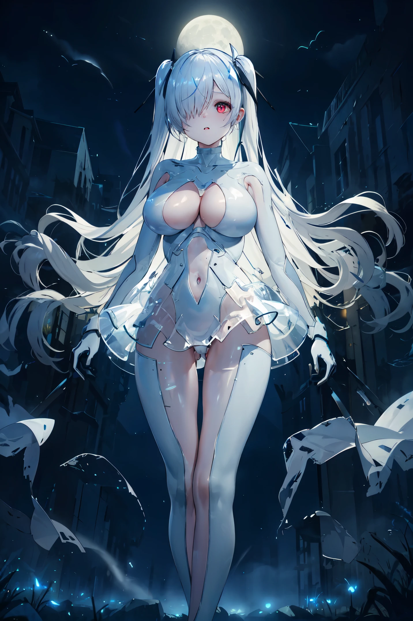 masterpiece, best quality, anachirox, twintails, very long hair, white bodysuit, see-through, cleavage cutout, white hair, expressionless, hair over one eye, soft particles, mist, ashes, dark, backlighting, night sky, floating, full body, solo, hair ornament, hair over one eye, clothing cutout, see-through skirt, looking at viewer, parted lips, floating in the night sky, moon, red eyes, detailed eyes, glowing eyes,