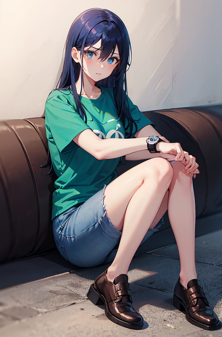 Deep blue hair, long hair, hair between eyes, tight t-shirt, red top, green sleeves, short sleeves, long pants, blue jeans, jeans rolled up on shoes, brown shoes, wristband on right wrist, watch on left wrist, logo on t-shirt, blue eyes, 1girl