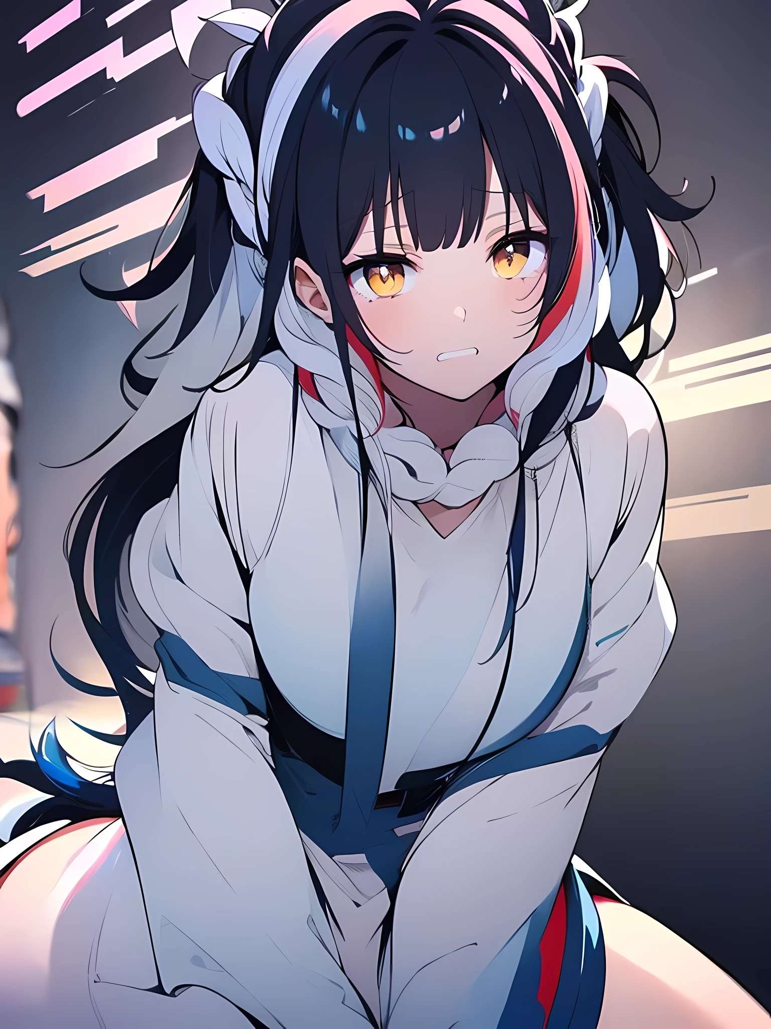 best quality, worried yellow eyes, perfect face, long light blue hair, angled camera, looking at viewer, dark blue scarf
