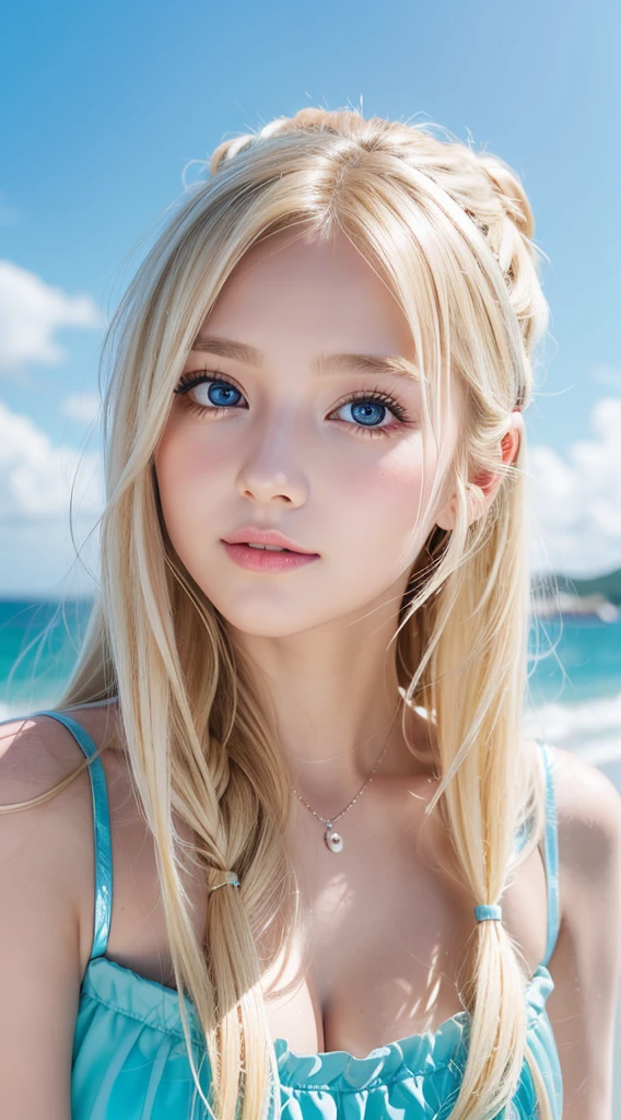 A 14-year-old beautiful girl with shiny bright blonde hair.、kawaii,Adorable, Face Focus , Ruffled Summer Dresses, Nordic bright blonde girl, Super long bright shiny blonde hair、Blonde color that changes from different angles、Low contrast, (Smile:0.8),  huge tit、 hair scrunchie,  Best Quality, 超A high resolution, photographrealistic, ultra-detailliert, 8K, Raw photo, masuter piece、Very beautiful, bright, pale sky blue, and very large eyes.、very big eyes、White shiny skin、cheek gloss highlight、Small Face Beautiful Girl、eye liner、blonde hair above the eyes、片blonde hair above the eyes、bangs between the eyes、