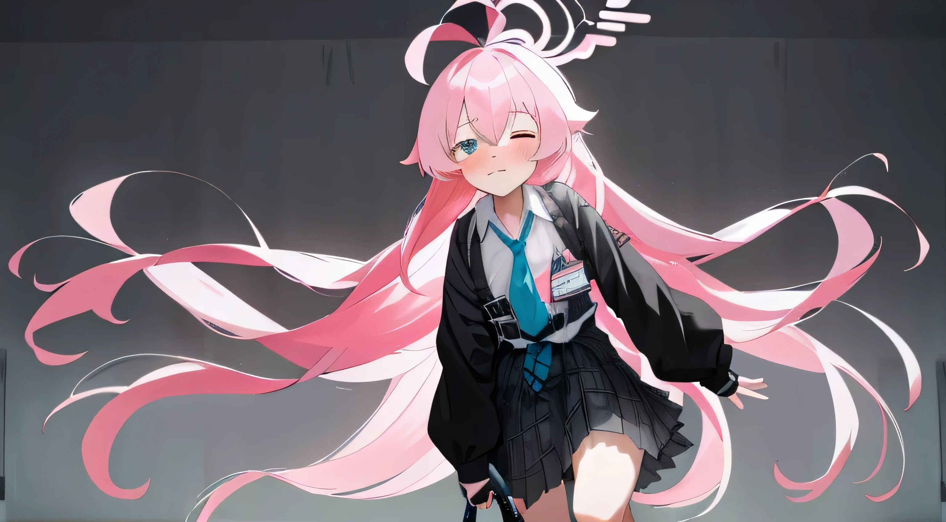 1girl, hoshino (blue archive), solo, heterochromia, pink hair, skirt, long hair, necktie, ahoge, shirt, halo, plaid skirt, blue eyes, plaid, looking at viewer, white shirt, orange eyes, chest harness, harness, long sleeves, id card, close eyes, very long hair, collared shirt, blue necktie, bangs, feet out of frame, between legs, hand between legs, blush, hair between eyes, highres, masterpiece, best quality, stand up, school corridor, brave,  encouraging the audience,black hoodie,black hat, mask