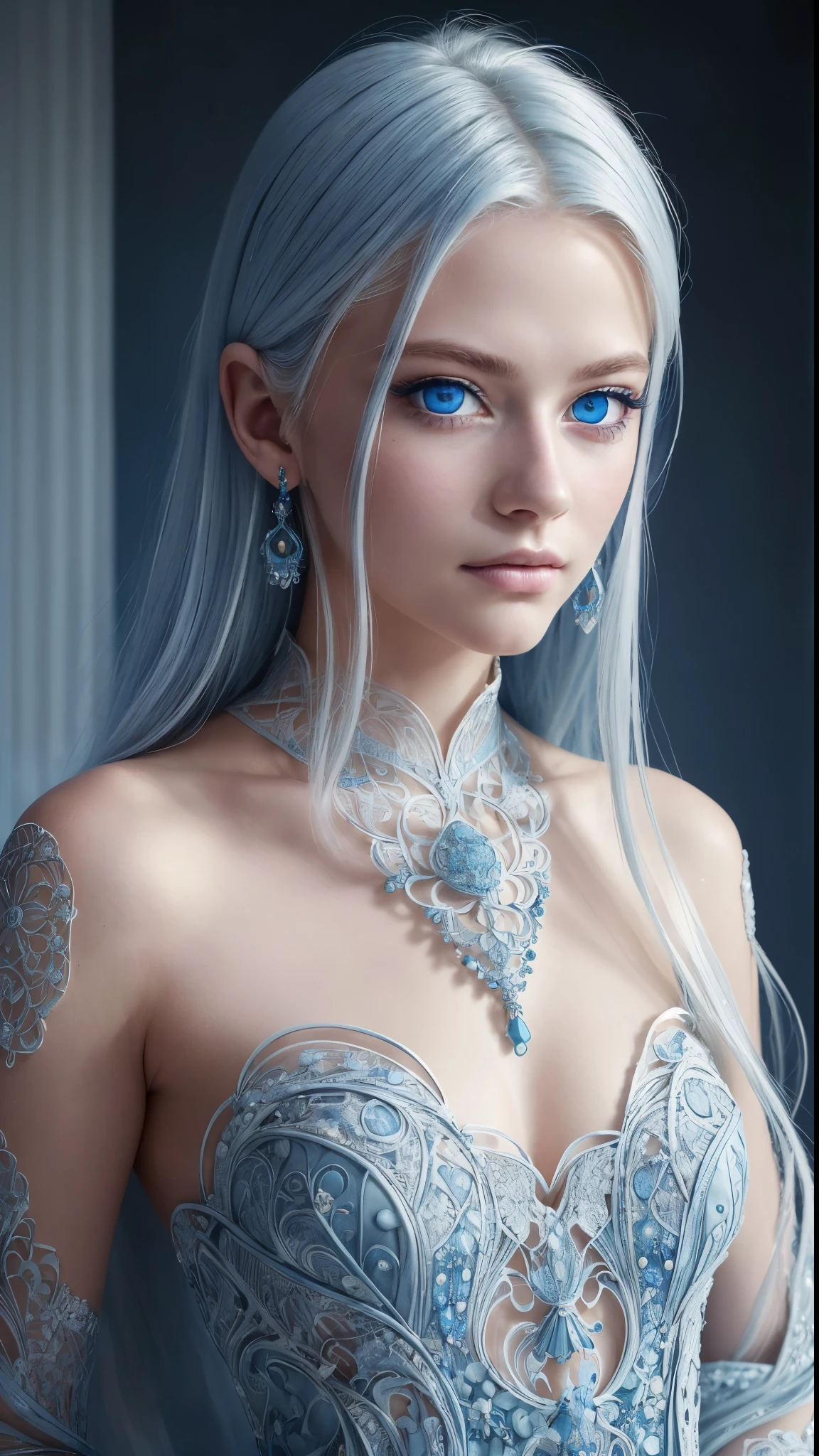 8k full body shot of beautiful white-haired 18 year old girl, (intricate, no clothes:1.2), intricate, beautifull face, elegant, highly detailed, digital hyperrealistic photography, hyperrealistic photography filigree, shyness, most beautyfull face, (masterpiece, sidelighting, (finely detailed beautifull blue eyes: 1.2)),
