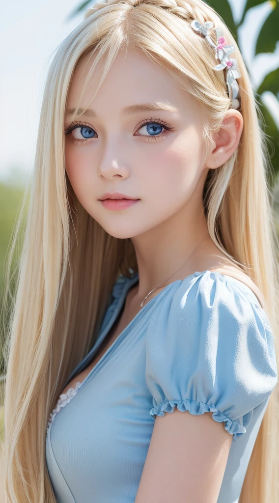 A 14-year-old beautiful girl with shiny bright blonde hair.、kawaii,Adorable, Face Focus , Ruffled Summer Dresses, Nordic bright blonde girl, Super long bright shiny blonde hair、Blonde color that changes from different angles、Low contrast, (Smile:0.8), huge tit、 hair scrunchie, Best Quality, 超A high resolution, photographrealistic, ultra-detailliert, 8K, Raw photo, masuter piece、Very beautiful, bright, pale sky blue, and very large eyes.、very big eyes、White shiny skin、cheek gloss highlight、Small Face Beautiful Girl、eye liner、blonde hair above the eyes、片blonde hair above the eyes、bangs between the eyes、