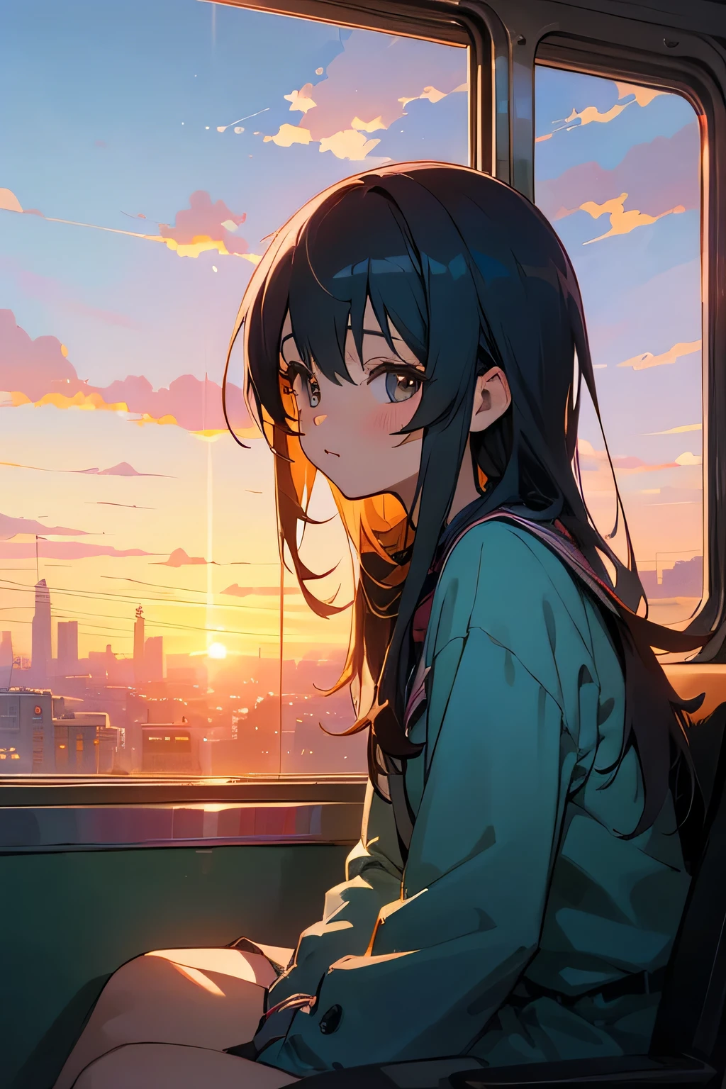 Anime girl sitting on train looking out window, Beautiful Anime Portrait, lofi portrait at a window, Beautiful anime girl, lofi portrait, lofi-girl, Portrait Anime Girl, artwork in the style of guweiz, high quality portrait, with sunset, charming anime girls, Cute anime girl, realistic cute girl painting, Anime style. 8K